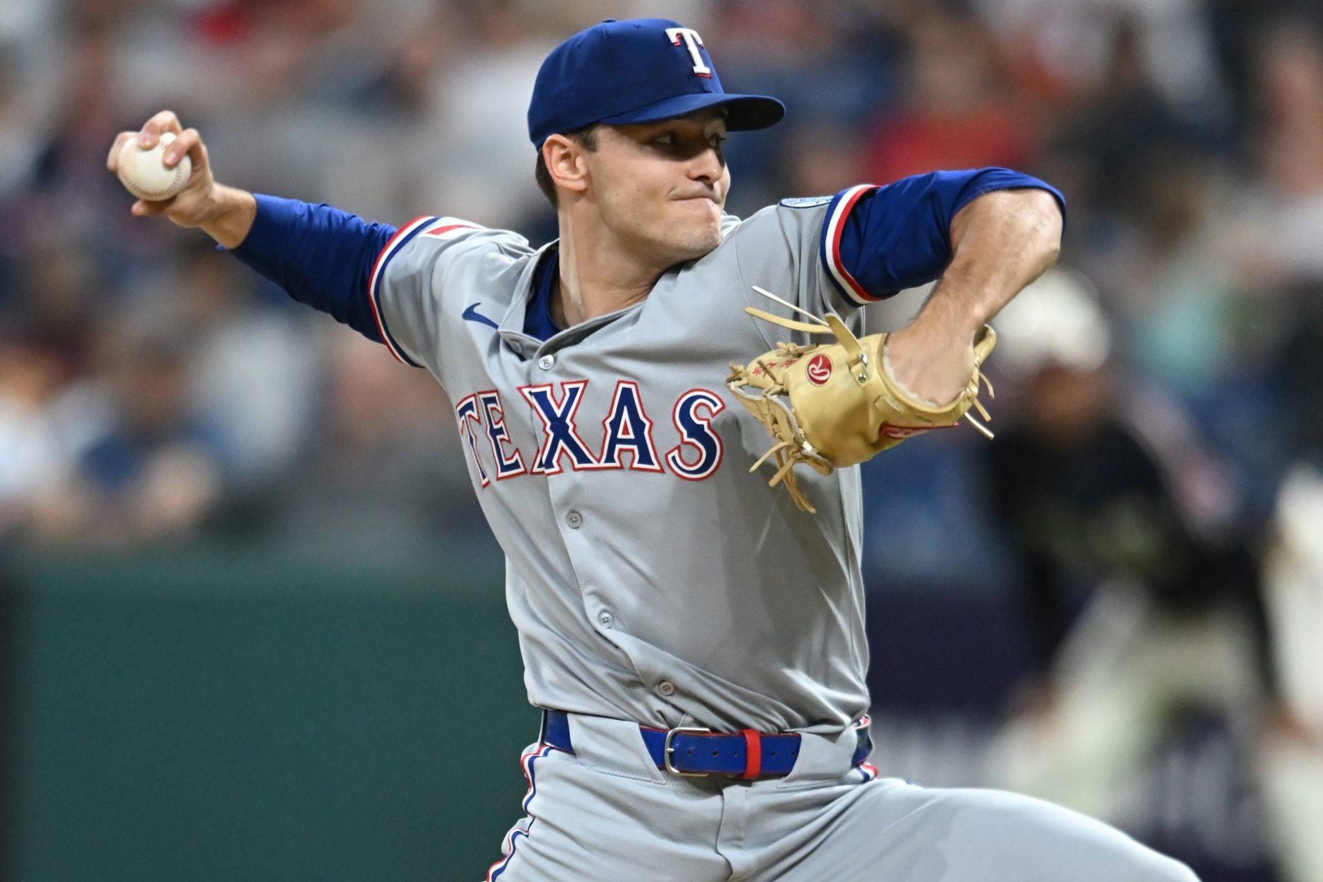 Texas Rangers starting pitcher Jack Leiter (35) throws a pitch against the Cleveland Guardians during the first inning at Progressive Field.