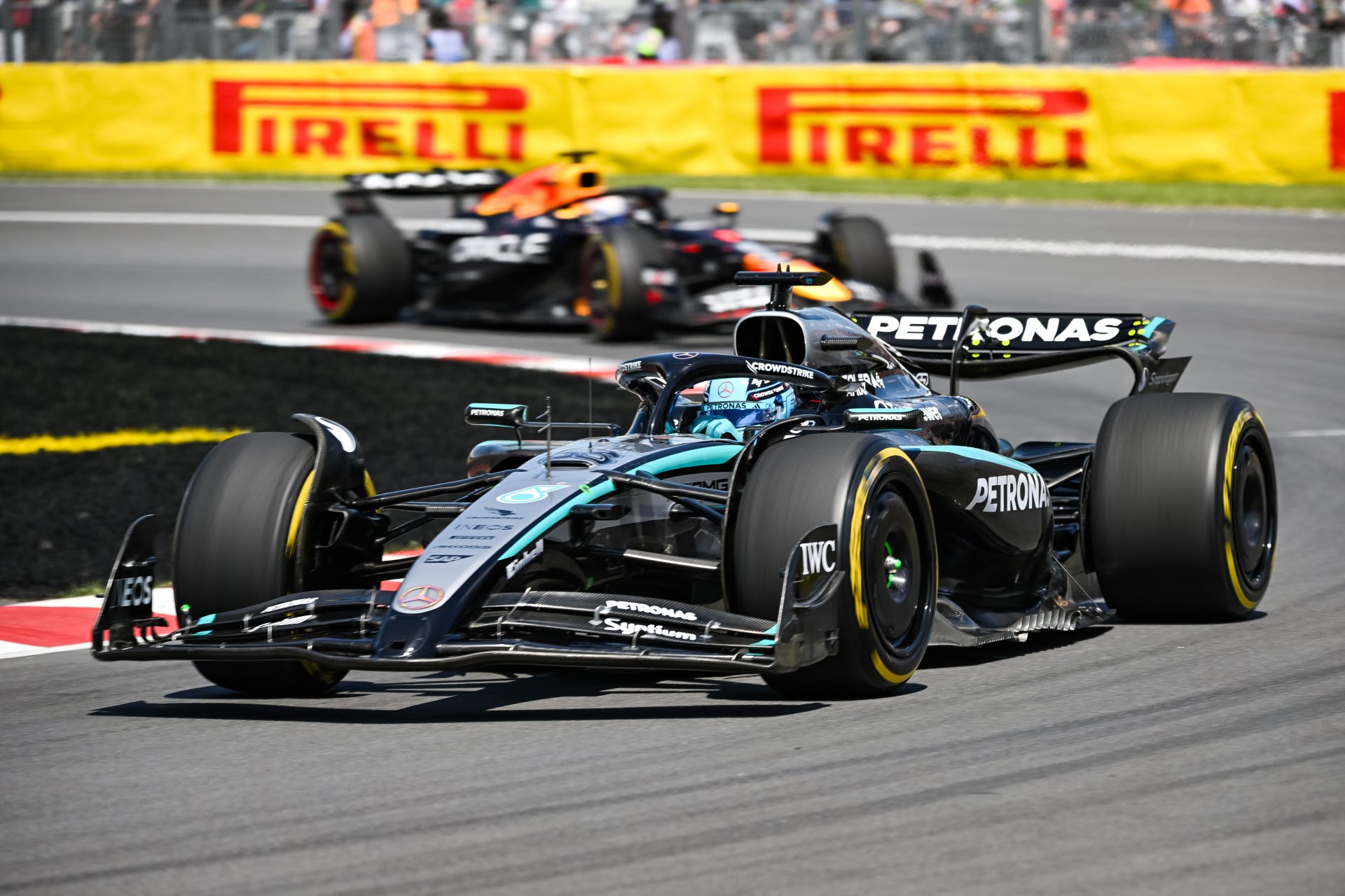 George Russell's Mercedes followed by Max Verstappen's Red Bull at the 2025 Canadian Grand Prix. Image Source: David Kirouac-Imagn Images