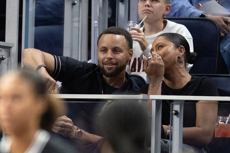 Golden State Warriors star Stephen Curry and his wife Ayesha take in a Golden State Valkyries game against the Los Angeles Sparks at Chase Center.