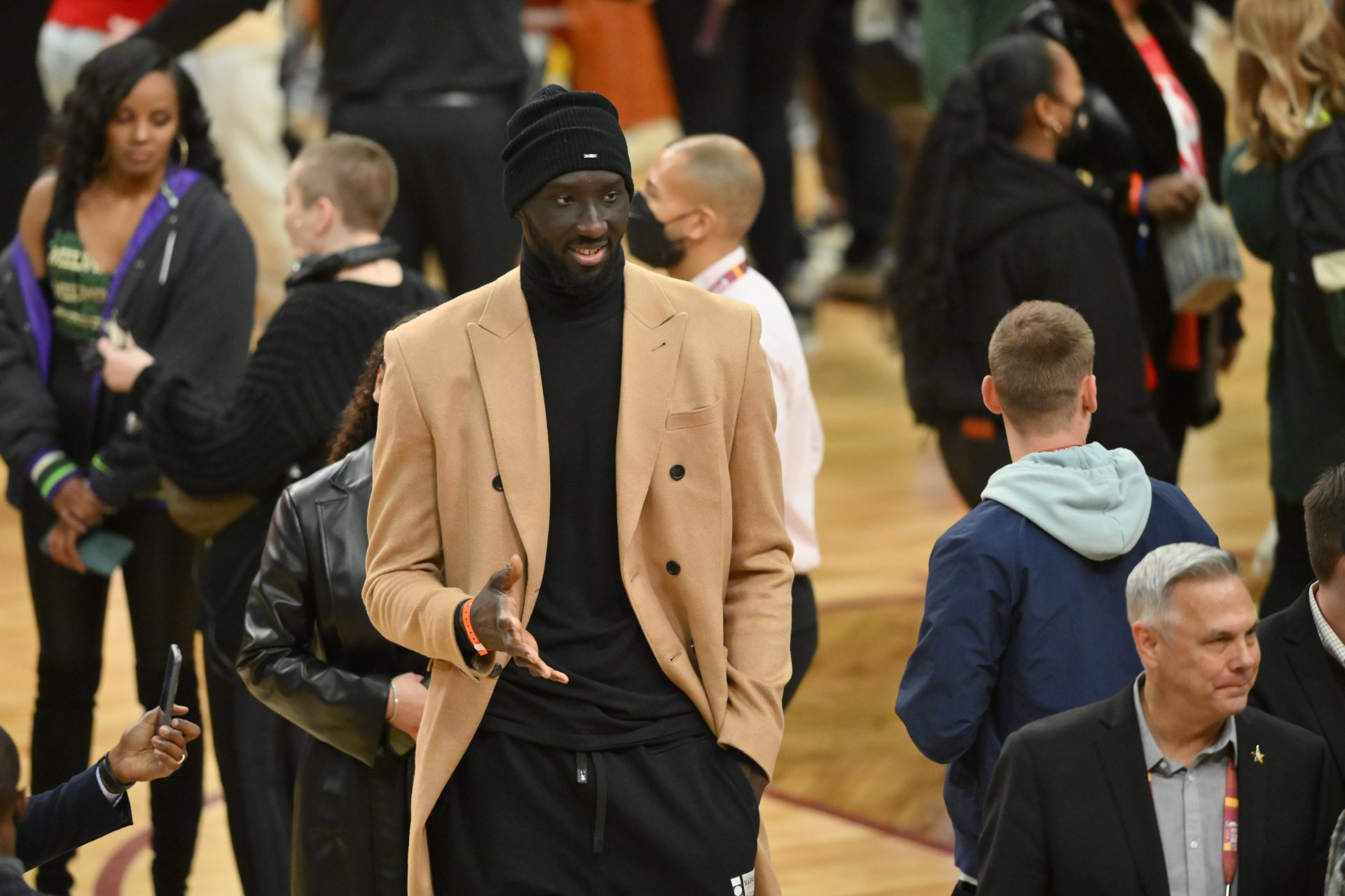 Cleveland Charge player Tacko Fall on the court after Team LeBron defeated Team Durant in the 2022 NBA All-Star Game at Rocket Mortgage FieldHouse.