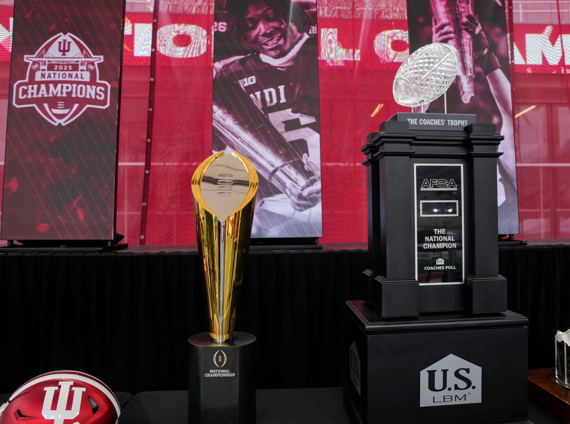 A general view of the National Championship trophy and the Coaches Trophy Saturday, Jan. 24, 2026, during the Indiana Football College Football Playoff National Championship celebration and parade at Memorial Stadium.