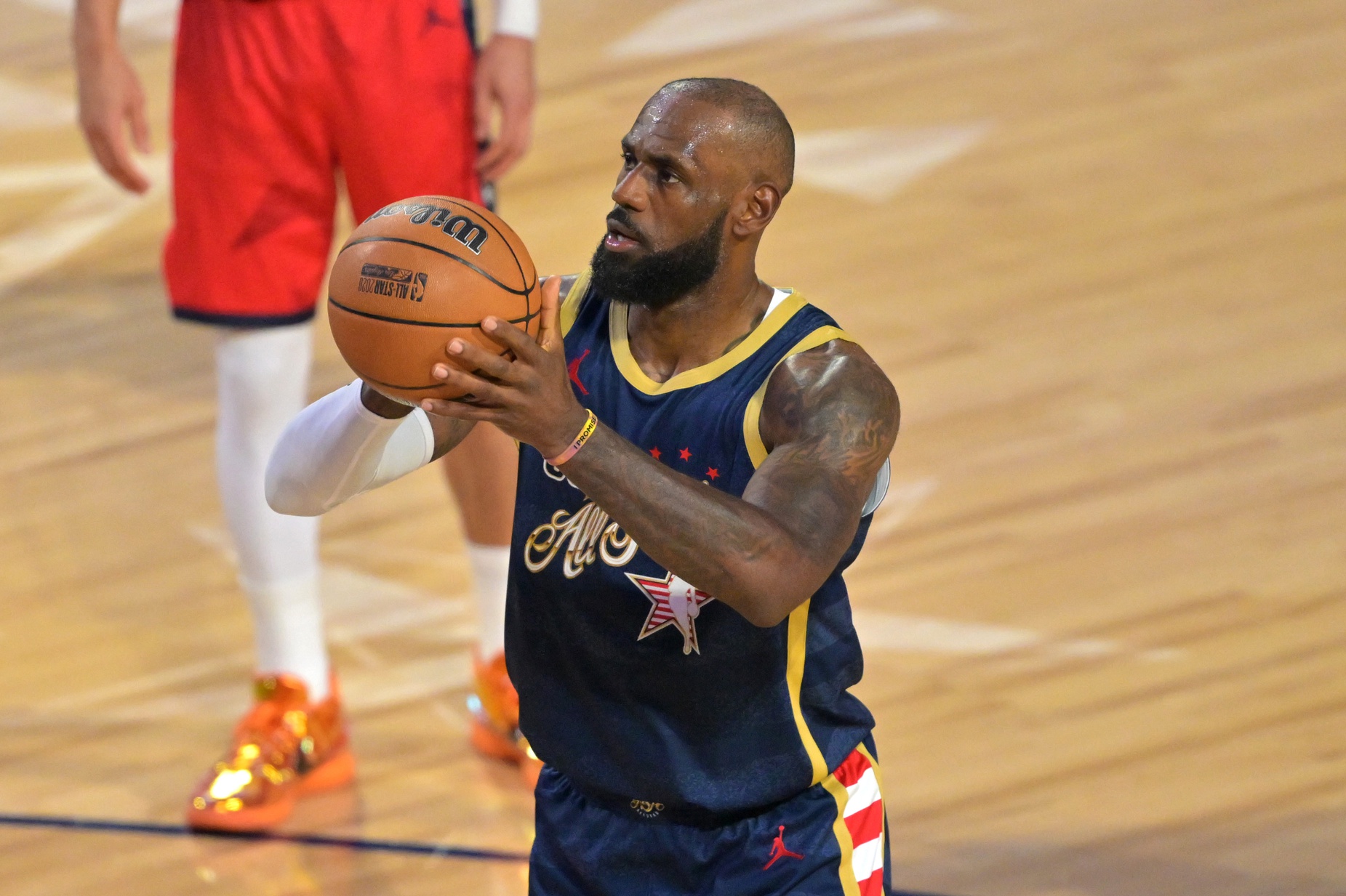 Team USA Stripes forward LeBron James (23) of the Los Angeles Lakers shoots against Team USA Stars in game two during the 75th NBA All Star Game at Intuit Dome.
