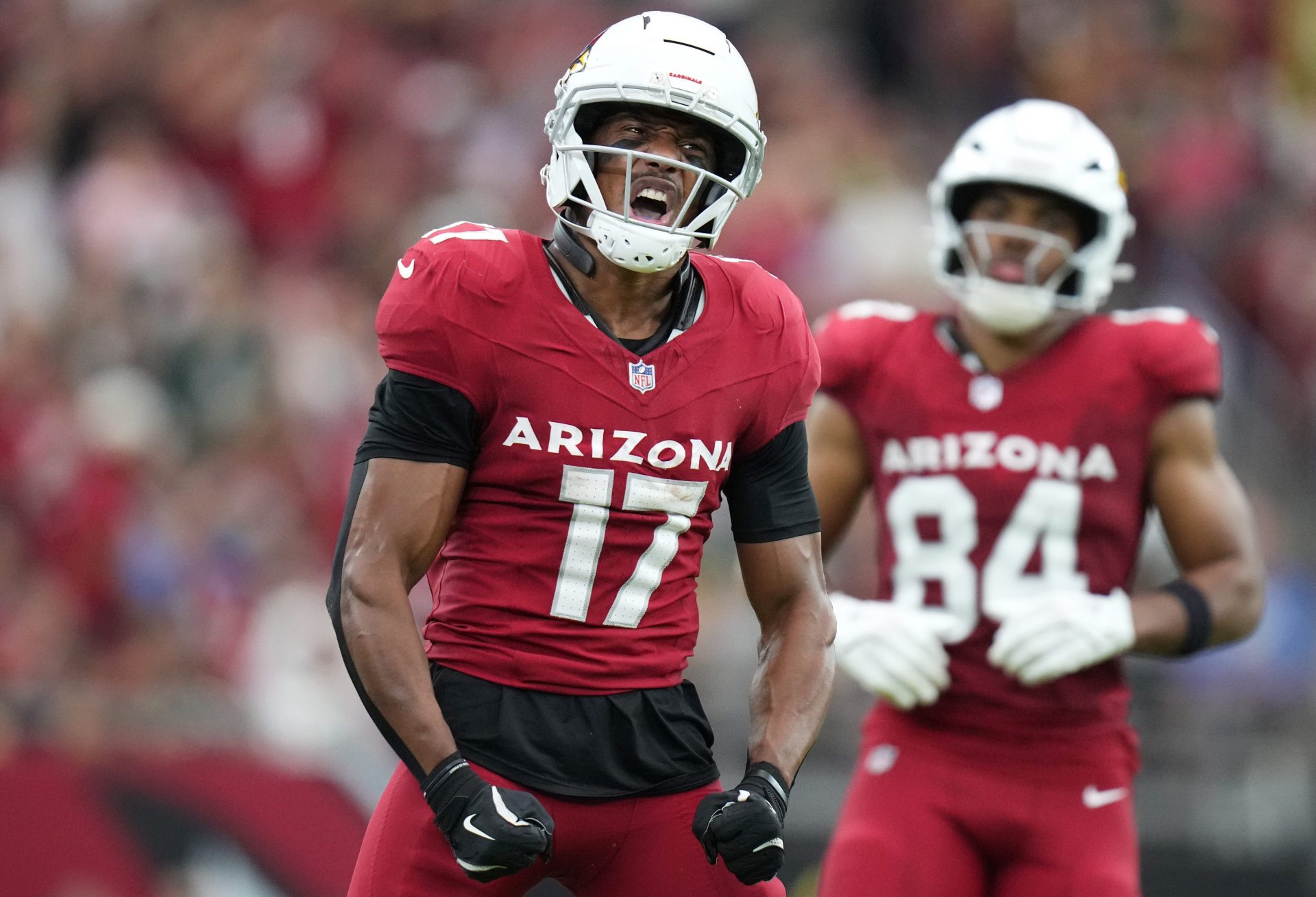 Arizona Cardinals receiver Zay Jones (17) celebrates his first down catch against the Green Bay Packers at State Farm Stadium in Glendale on Oct. 19, 2025.