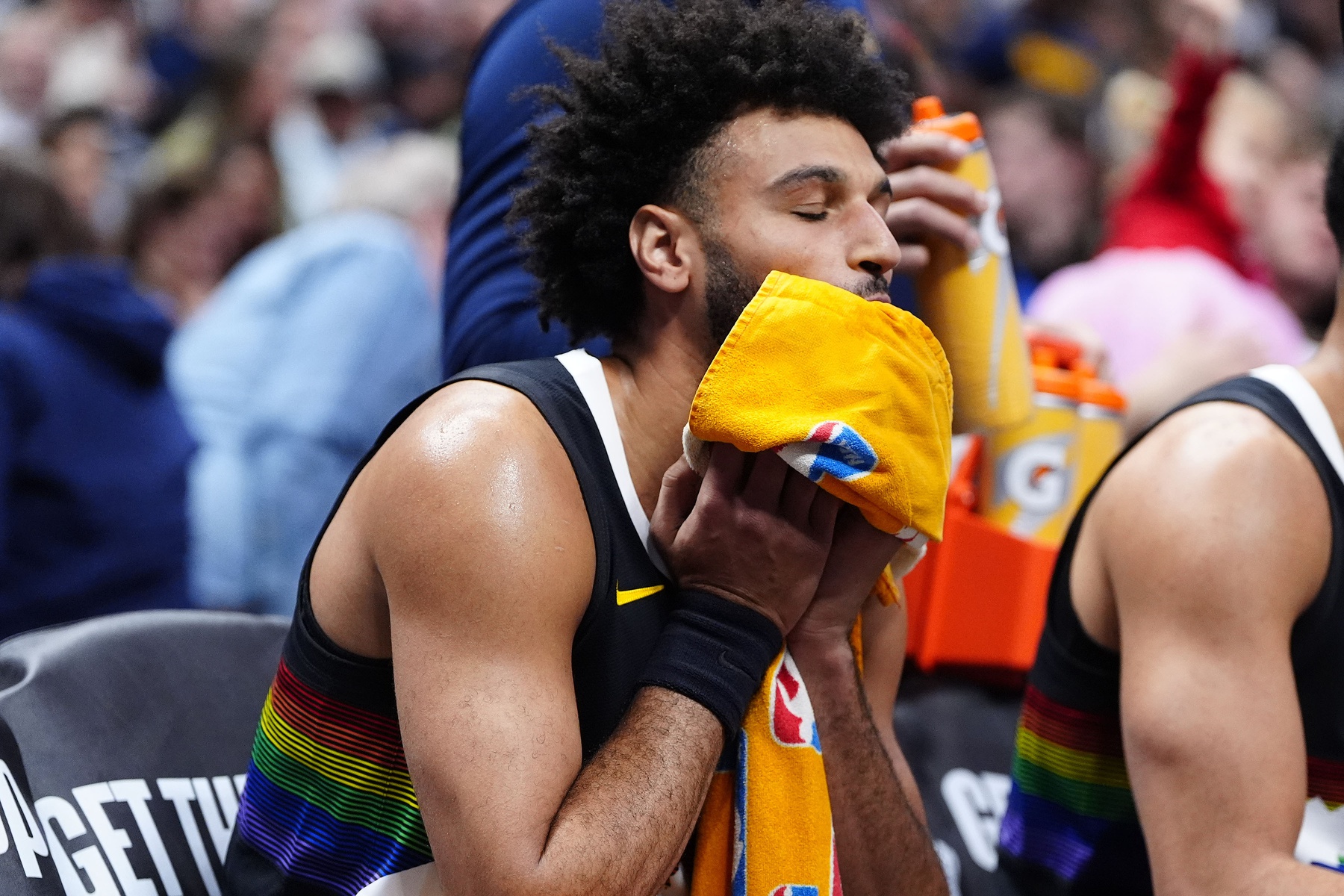 Denver Nuggets guard Jamal Murray (27) reacts on the bench against the Minnesota Timberwolves during the first half at Ball Arena.
