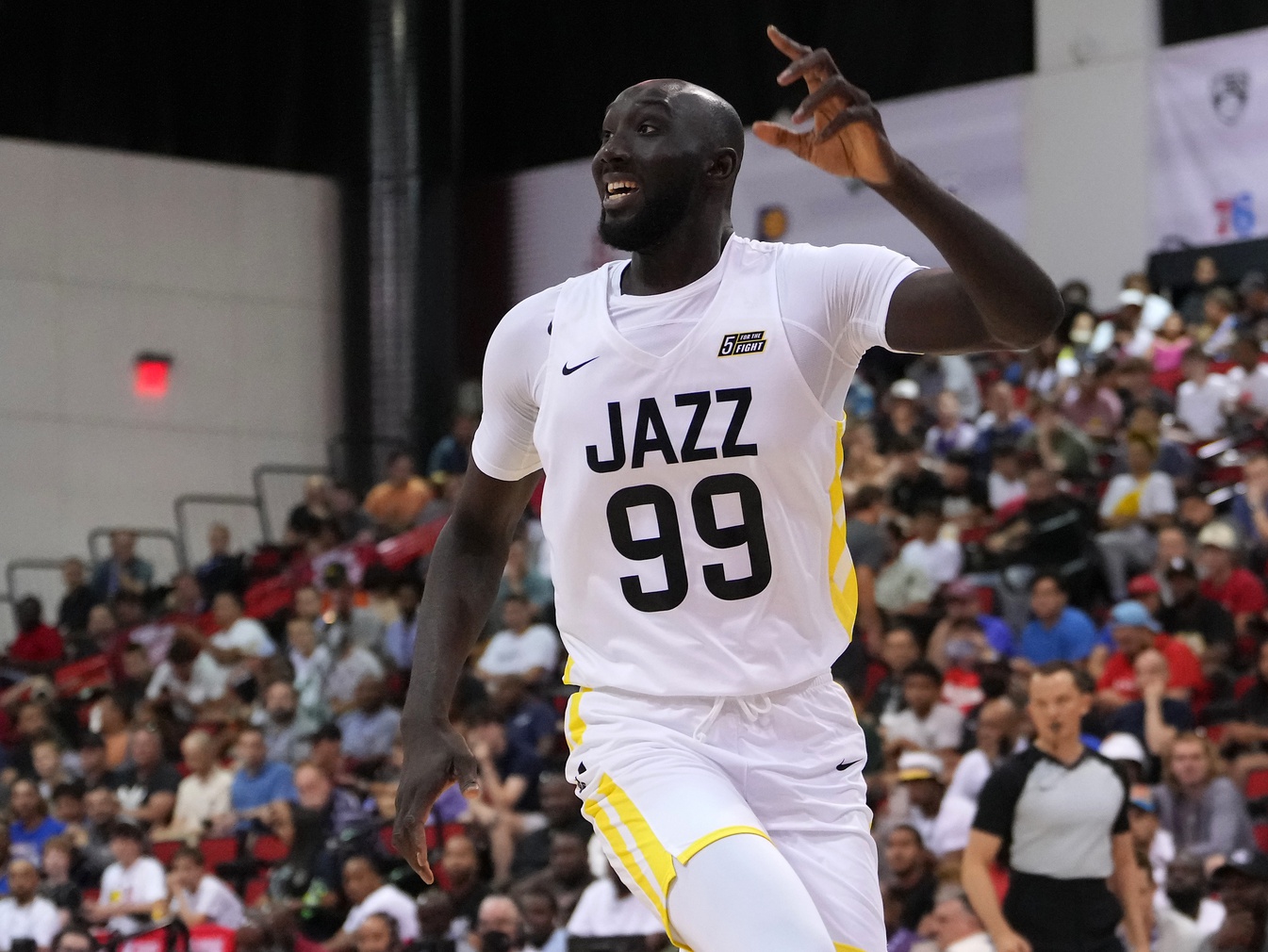 Utah Jazz guard Tacko Fall (99) calls for a pass during an NBA Summer League game against the Dallas Mavericks at Cox Pavilion.