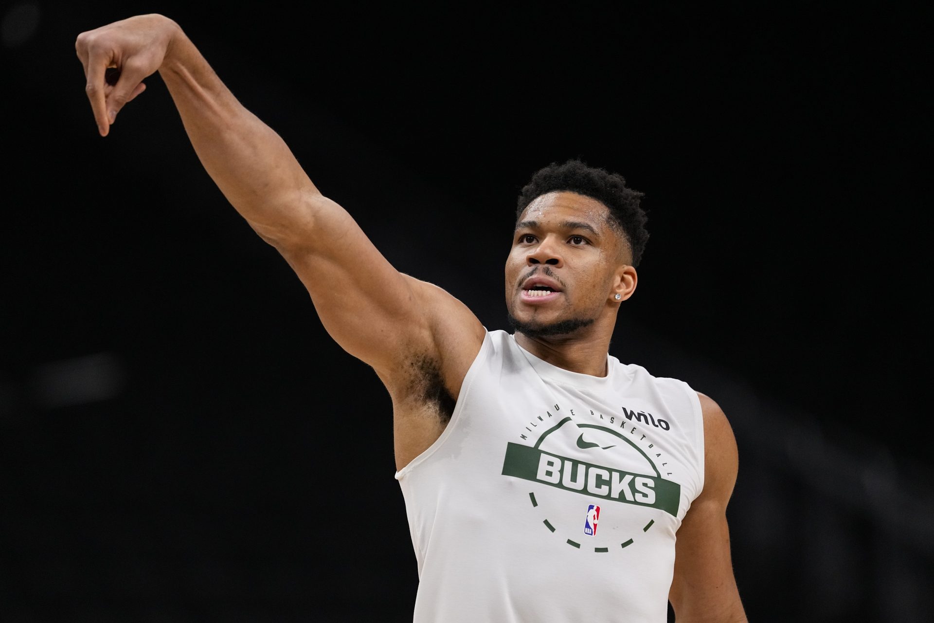 Milwaukee Bucks forward Giannis Antetokounmpo (34) during warmups prior to the game against the New Orleans Pelicans at Fiserv Forum.