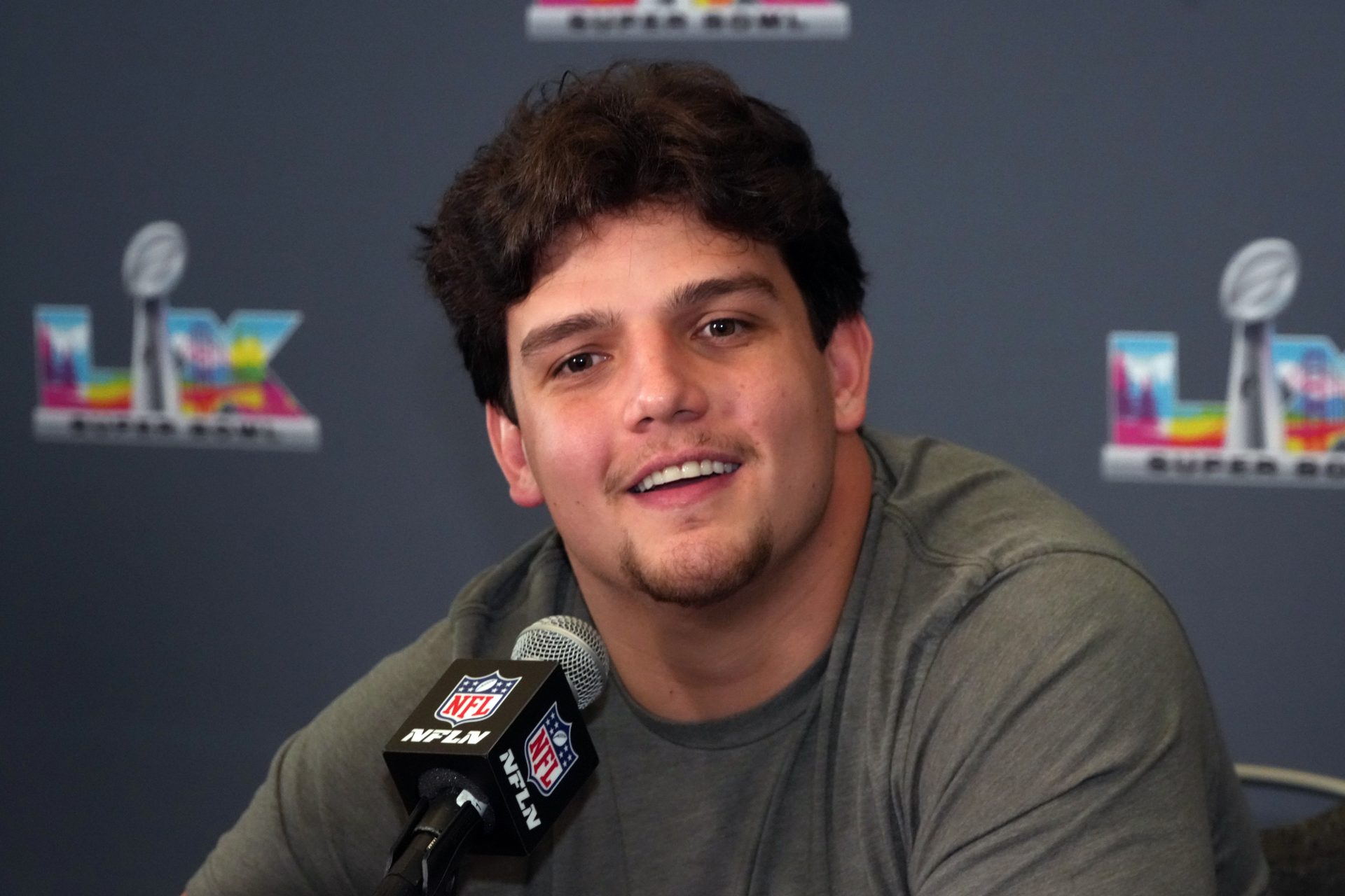 New England Patriots offensive tackle Will Campbell speaks to the media during Super Bowl LX press conference at Santa Clara Marriott.