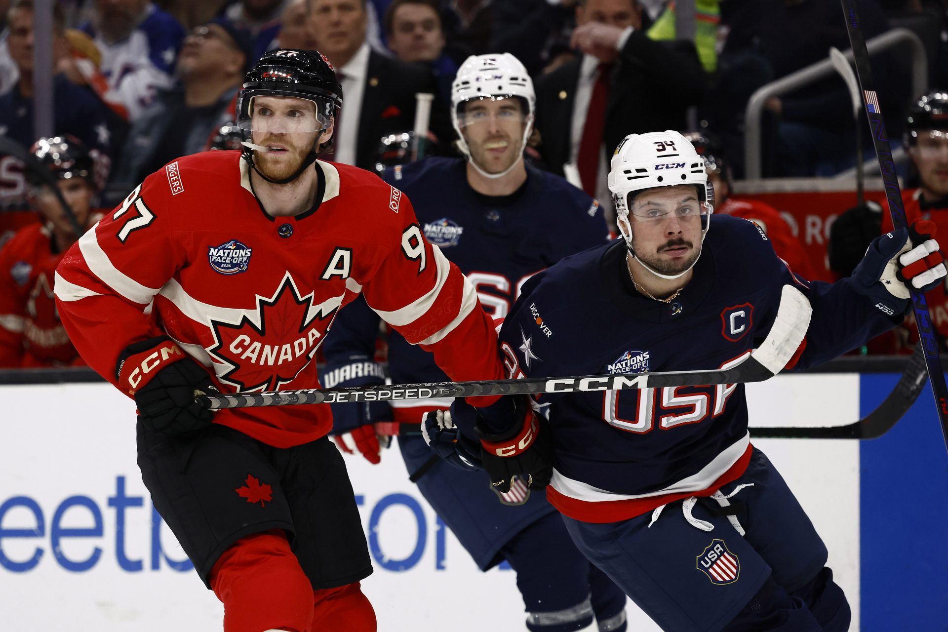 Team Canada forward Connor McDavid (97) and United States forward Auston Matthews (34) at TD Garden.