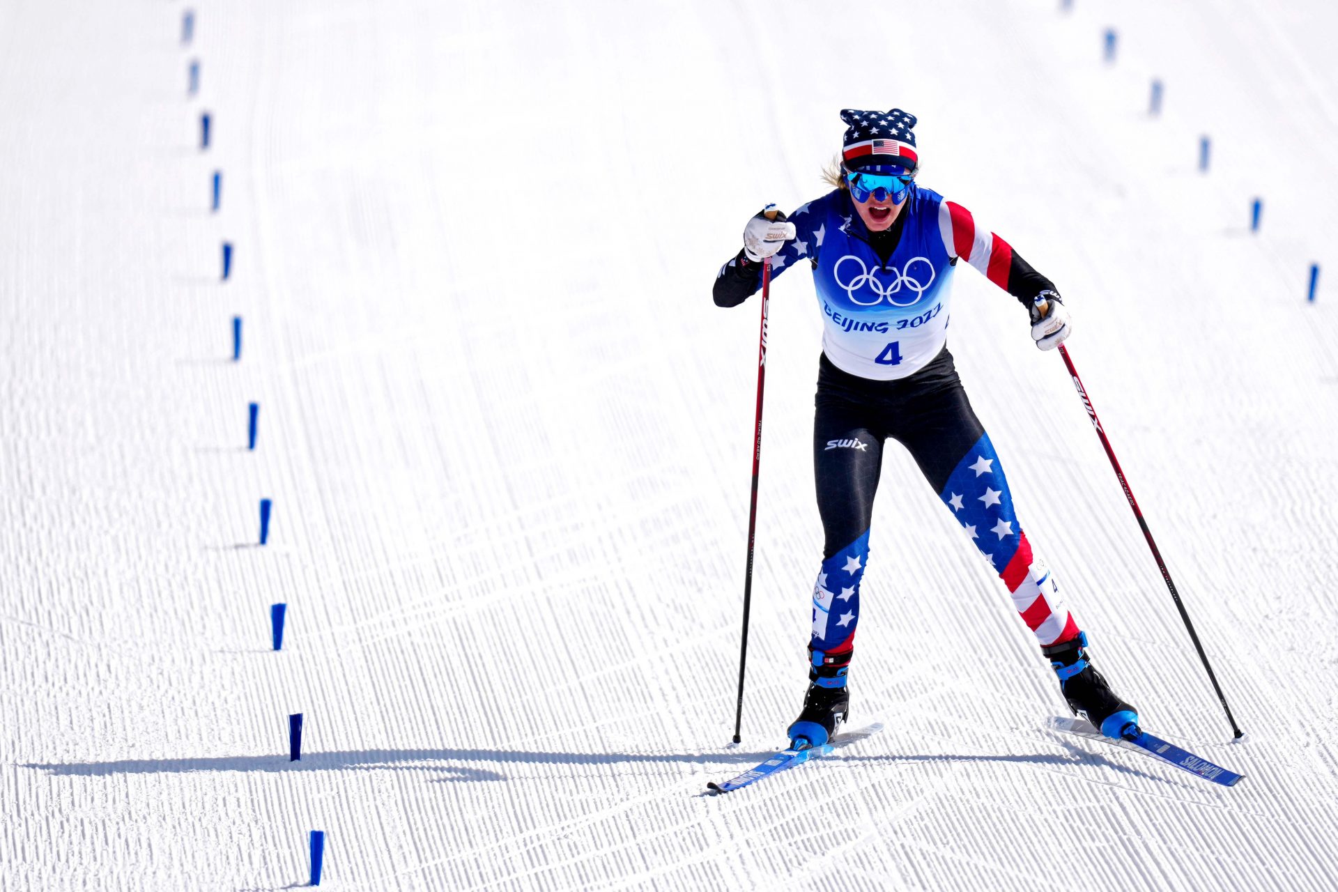 Jessie Diggins (USA) in the women's cross-country skiing 30km freestyle during the Beijing 2022 Olympic Winter Games at Zhangjiakou Cross-Country Centre on Feb 20, 2022 in Zhangjiakou, China.
