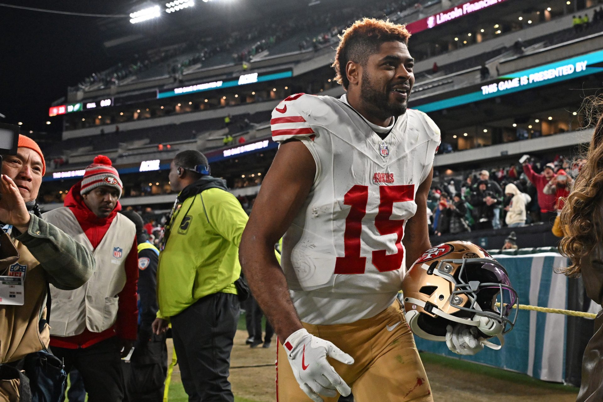 San Francisco 49ers wide receiver Jauan Jennings (15) walks off the field after win against the Philadelphia Eagles in an NFC Wild Card Round game at Lincoln Financial Field. Mandatory 
Credit: Imagn Images