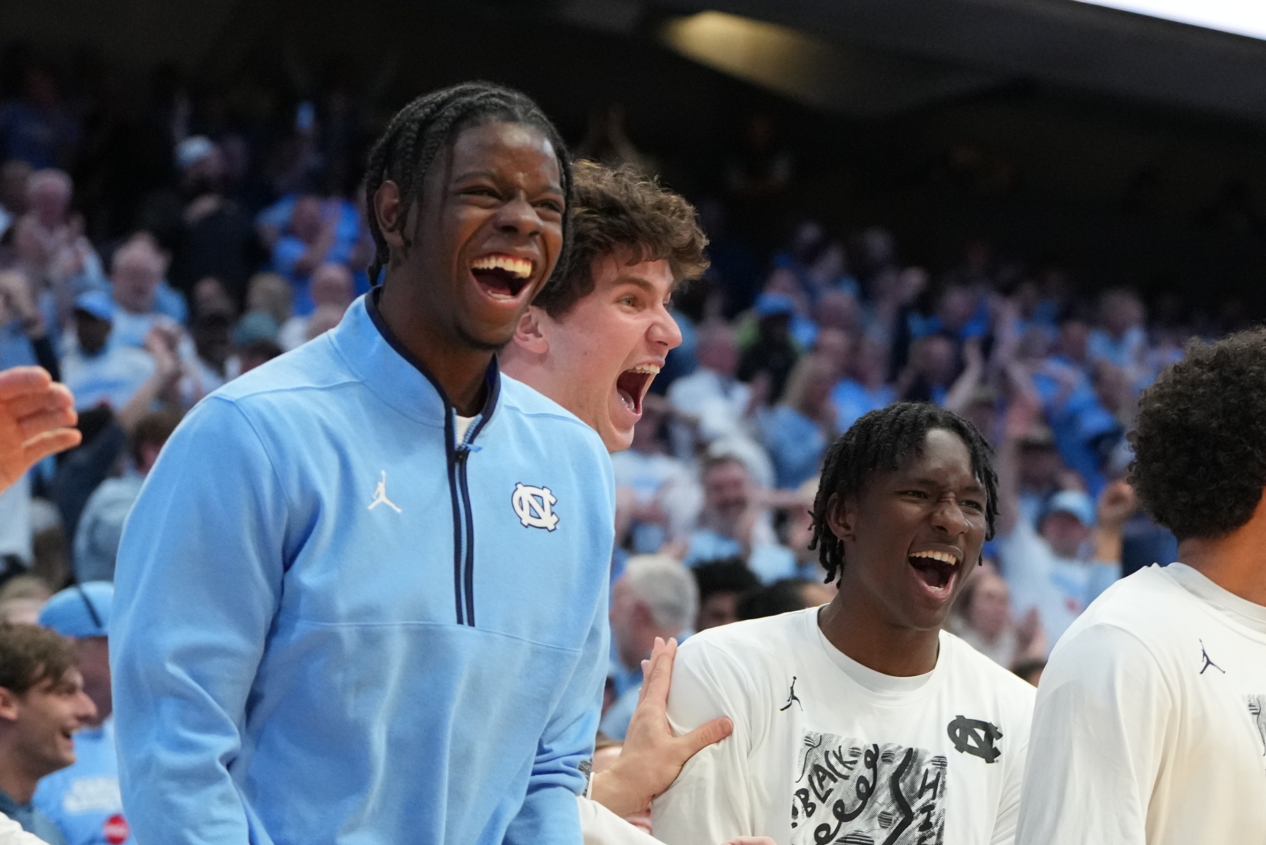 Tar Heels star Caleb Wilson celebrates with teammates at the Dean E. Smith Center.
Source: Imagn