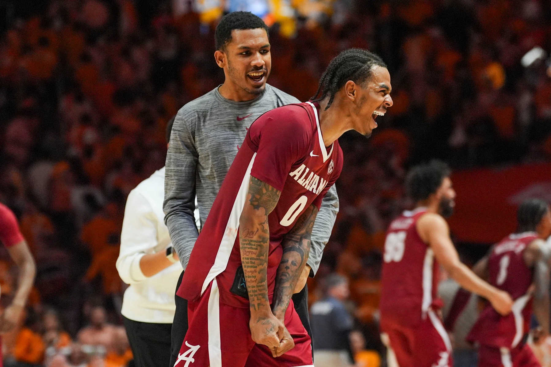 Alabama guard Labaron Philon Jr. (0) celebrates winning a NCAA basketball game between Tennessee and Alabama at Thompson-Boling Arena at Food City Center in Knoxville, Tenn., Source: Imagn