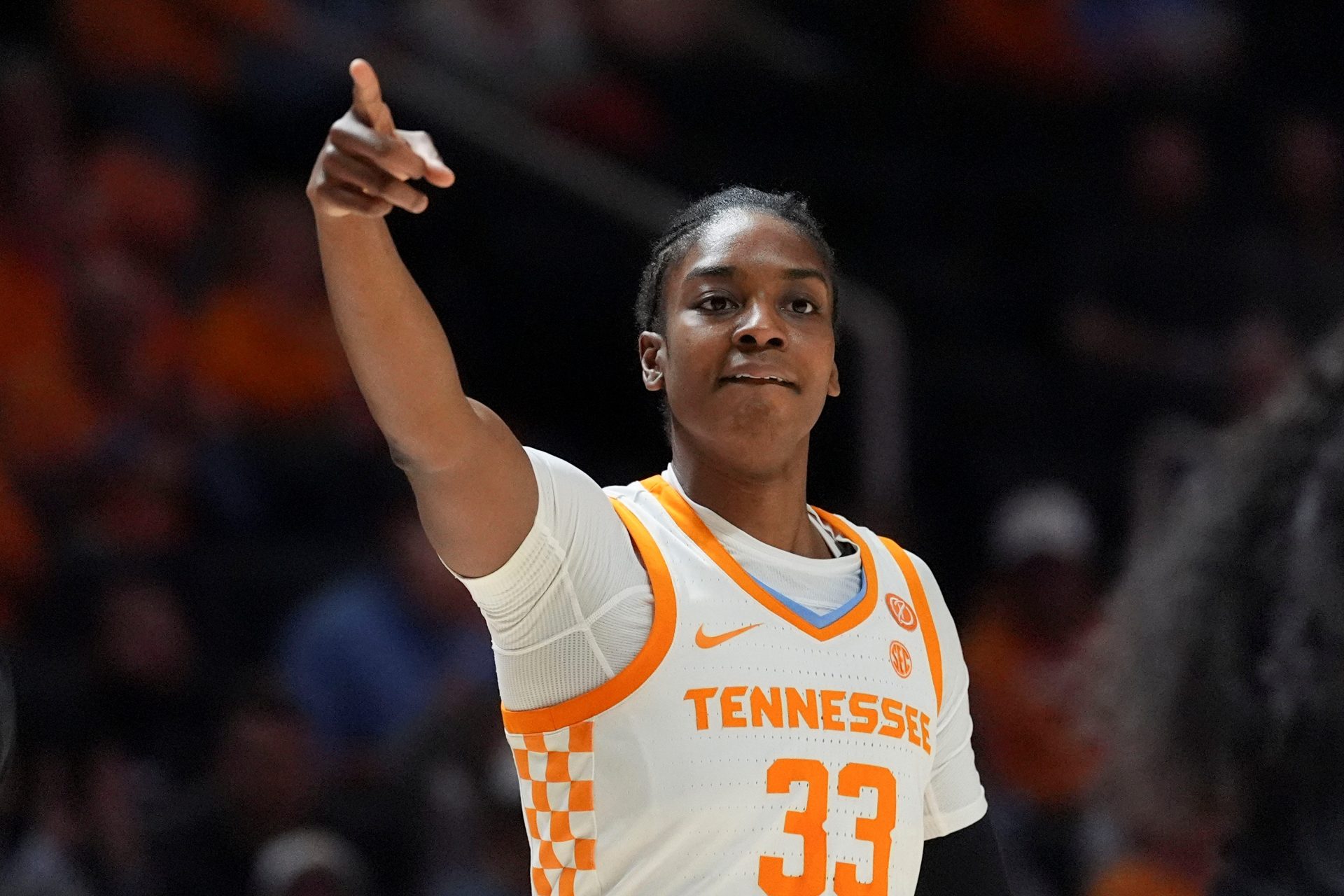 Tennessee forward Alyssa Latham (33) acknowledges the assist during an NCAA college basketball game against Missouri.
Source: Imagn Images