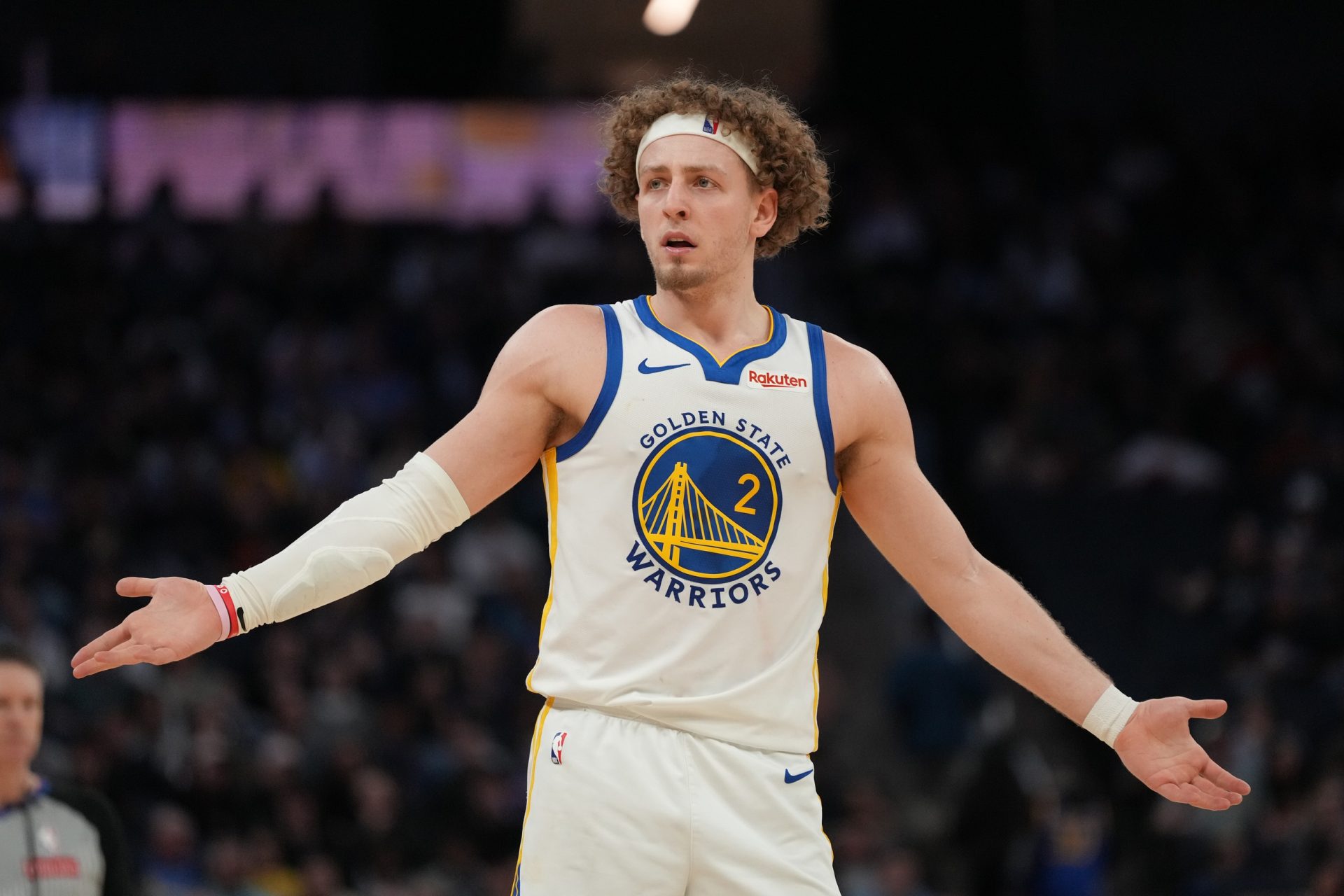 Golden State Warriors guard Brandin Podziemski (2) reacts after the Warriors were called for a foul against the Minnesota Timberwolves in the fourth quarter at the Chase Center. - Source: Imagn