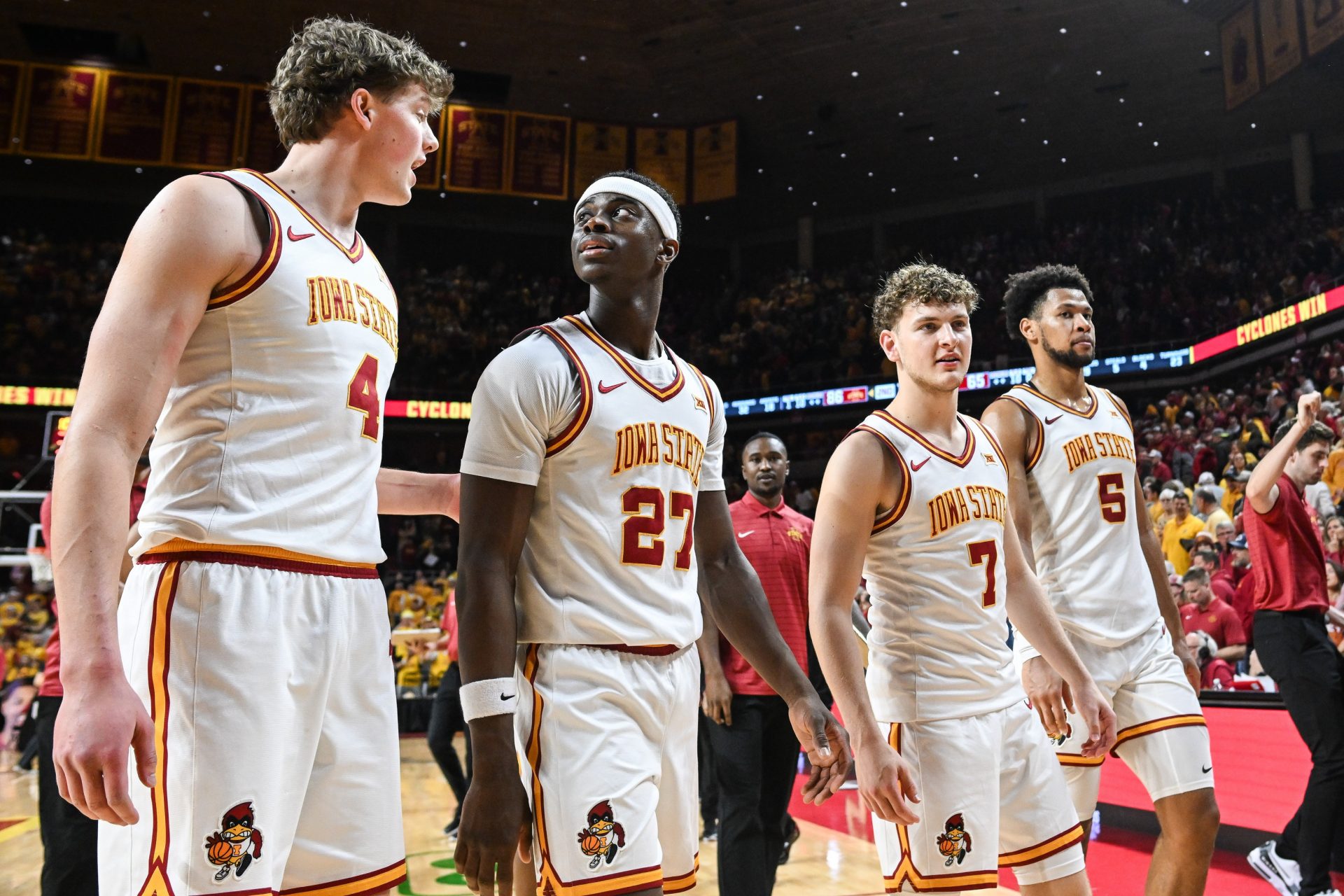 Iowa State Cyclones forward Eric Mulder (4) and guard Killyan Toure (27) and guard Anthony Rise (7) and forward Joshua Jefferson (5) walk off the court after the game against the Arizona State Sun Devils at James H. Hilton Coliseum - Source: Imagn