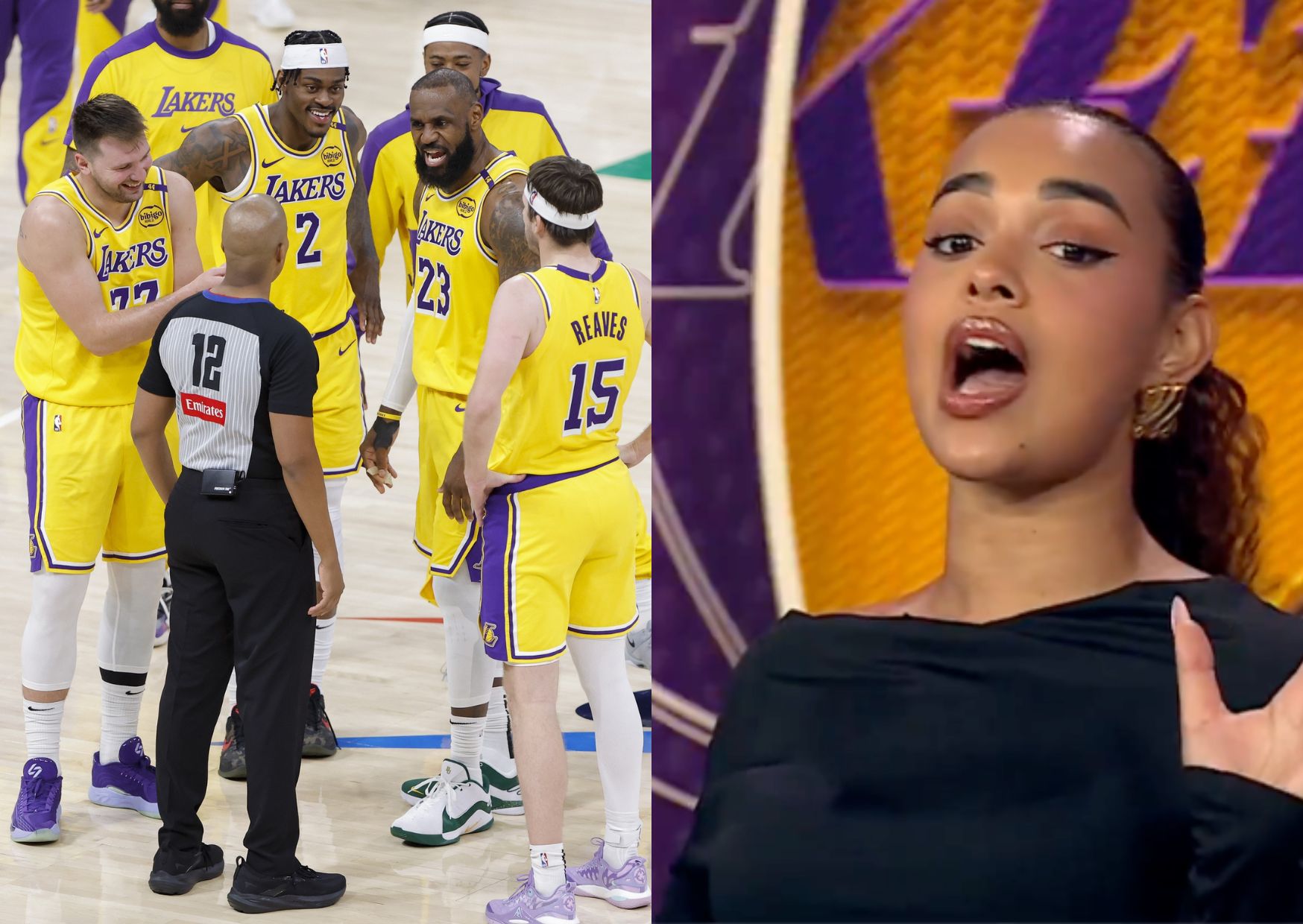 (Left) The LA Lakers team - Source: Getty and (Right) Ashley Nicole Moss (Image via X/@CBSSports)