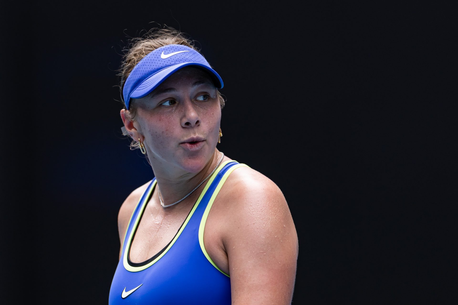 Amanda Anisimova of United States in action against Jessica Pegula of United States in the quarterfinals of the women’s singles at the Australian Open at Rod Laver Arena in Melbourne Park.