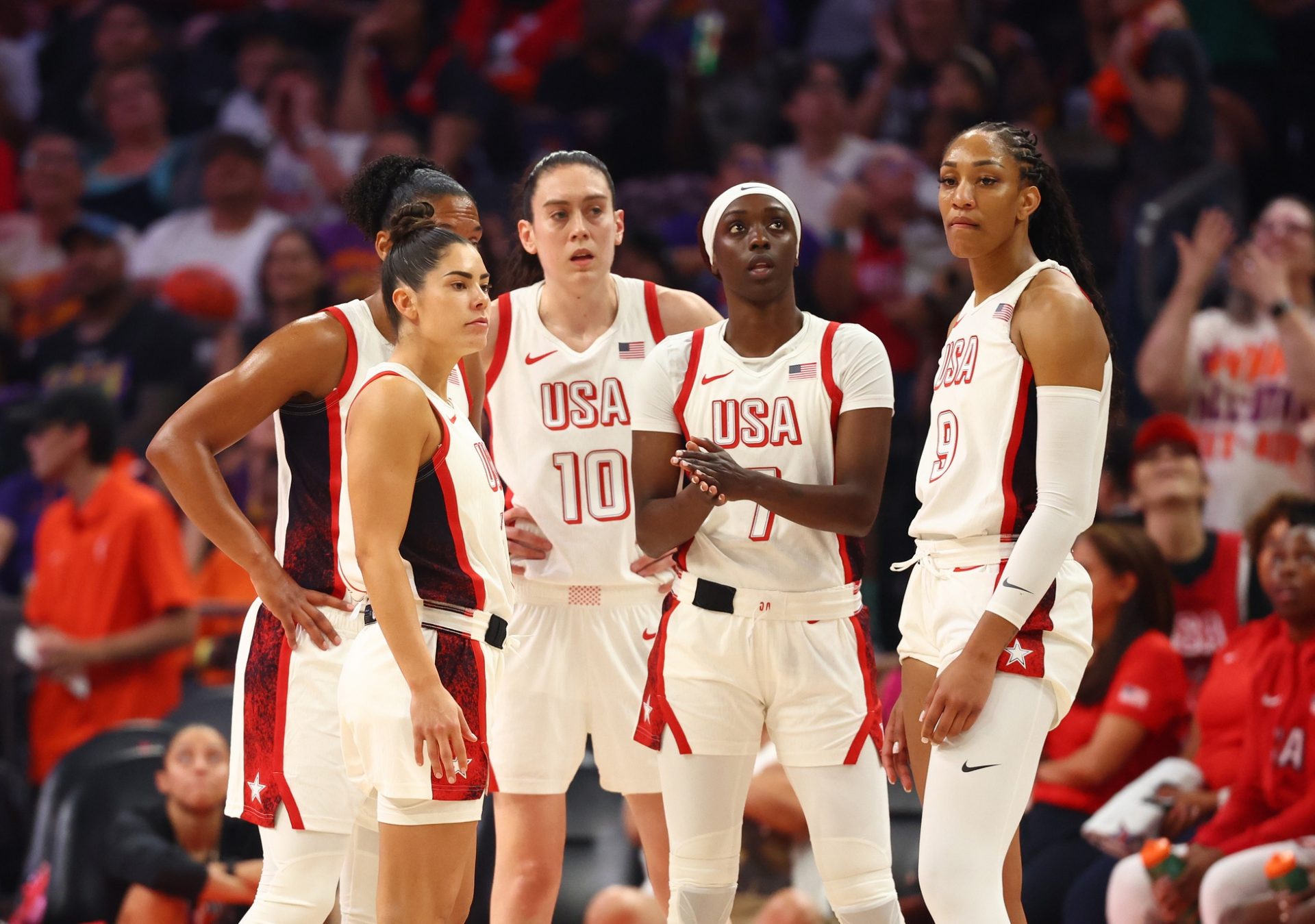 USA Women's National Team guard Kelsey Plum (5), forward Breanna Stewart (10), guard Kahleah Copper (7) and forward AÕja Wilson (9) during the WNBA All Star game at Footprint Center.