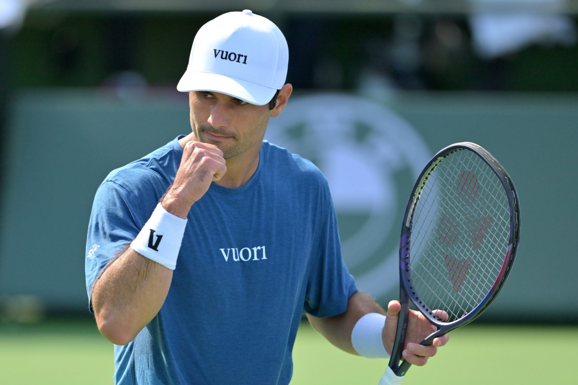 Marcos Giron (USA) reacts as he defeated Mariano Navone (ARG) in his first round match during the BNP Paribas Open at the Indian Wells Tennis Garden.