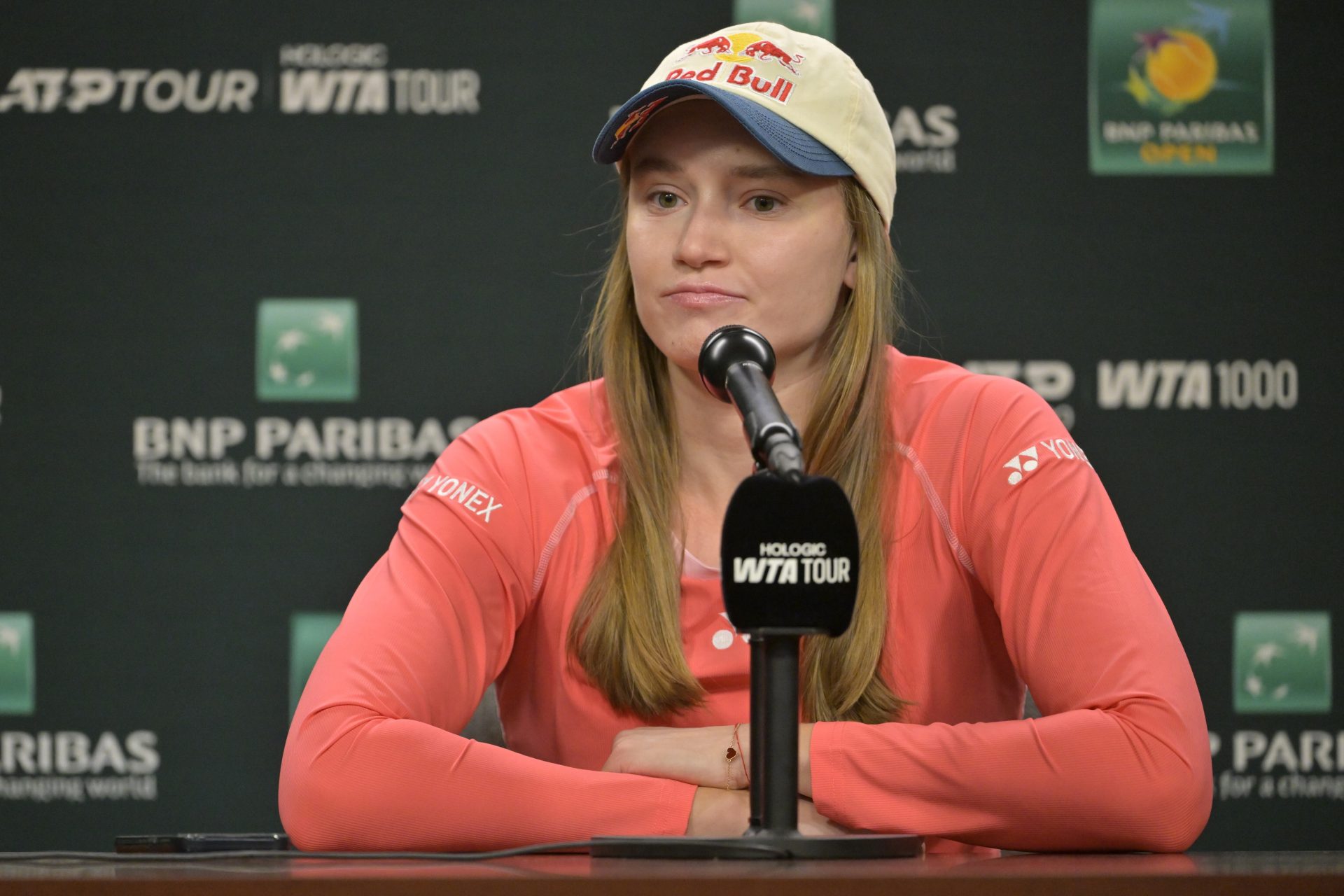 Elena Rybakina (KAZ) talks to the media during a news conference during the BNP Paribas Open at the Indian Well Tennis Garden.