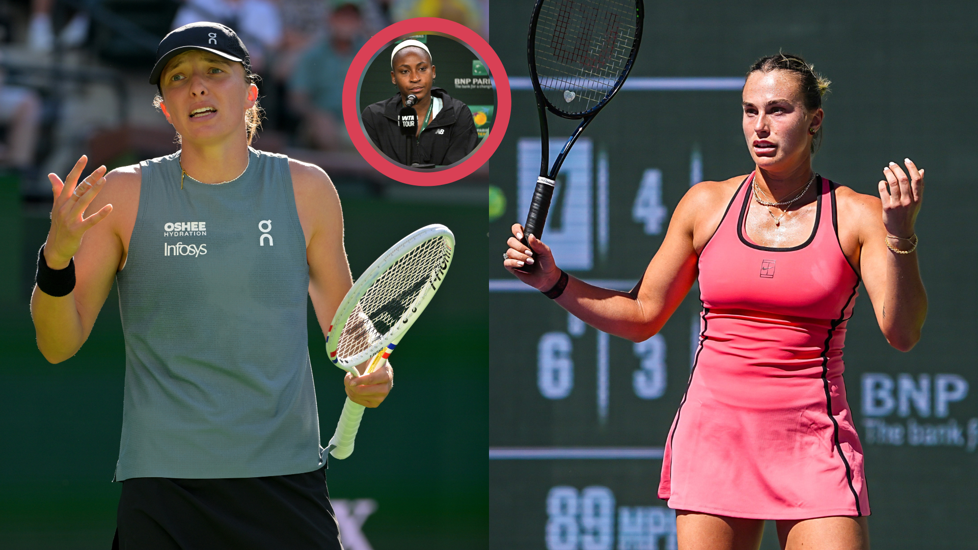Iga Swiatek (L), Aryna Sabalenka, and Coco Gauff (inset) - Indian Wells | Source: Imagn