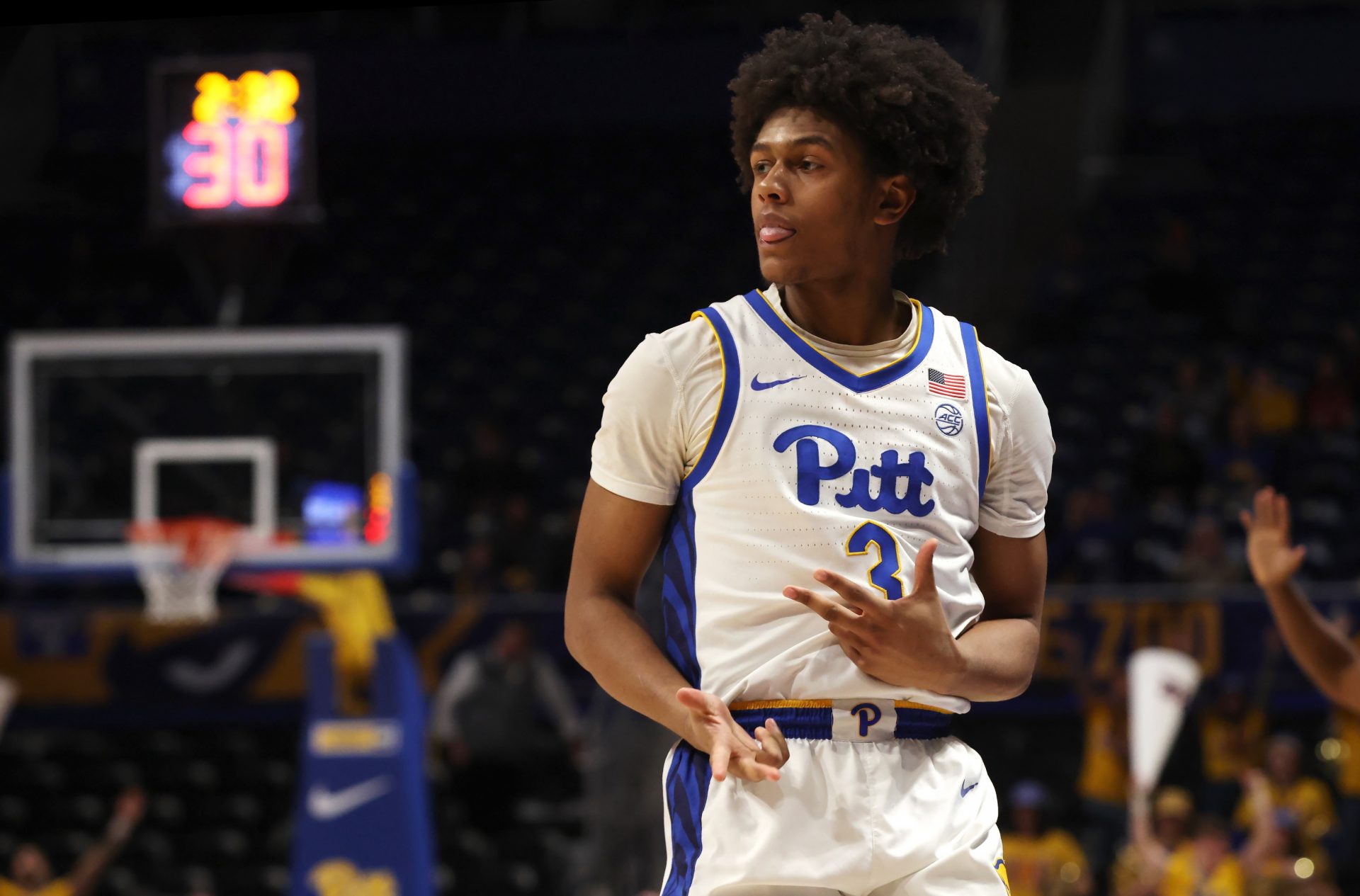 Pittsburgh Panthers guard Brandin Cummings (3) reacts after making a three point basket in overtime against the Wake Forest Demon Deacons at the Petersen Events Center. Source: Imagn