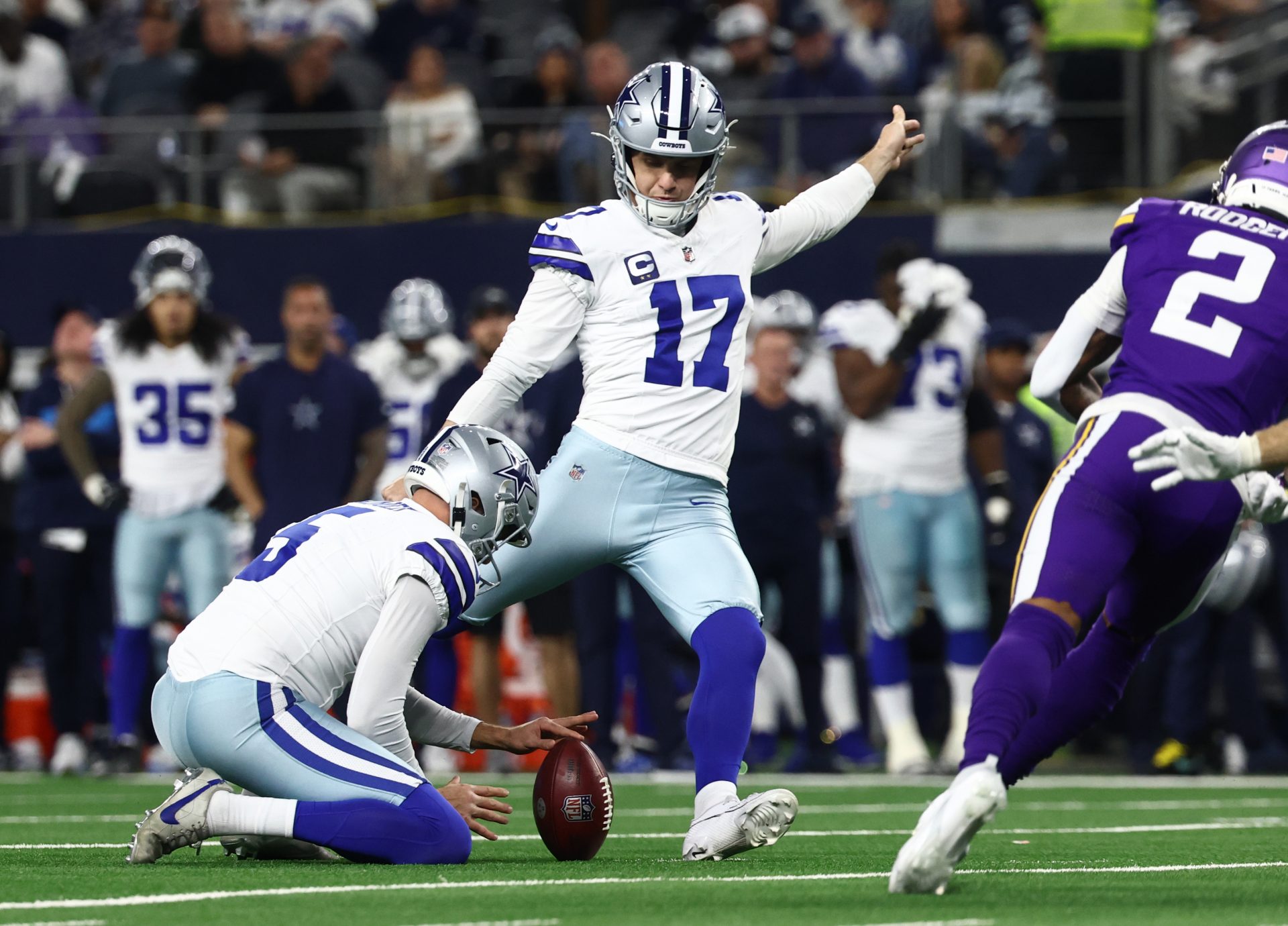 Dallas Cowboys place kicker Brandon Aubrey (17) kicks a field goal during the first half against the Minnesota Vikings at AT&T Stadium.