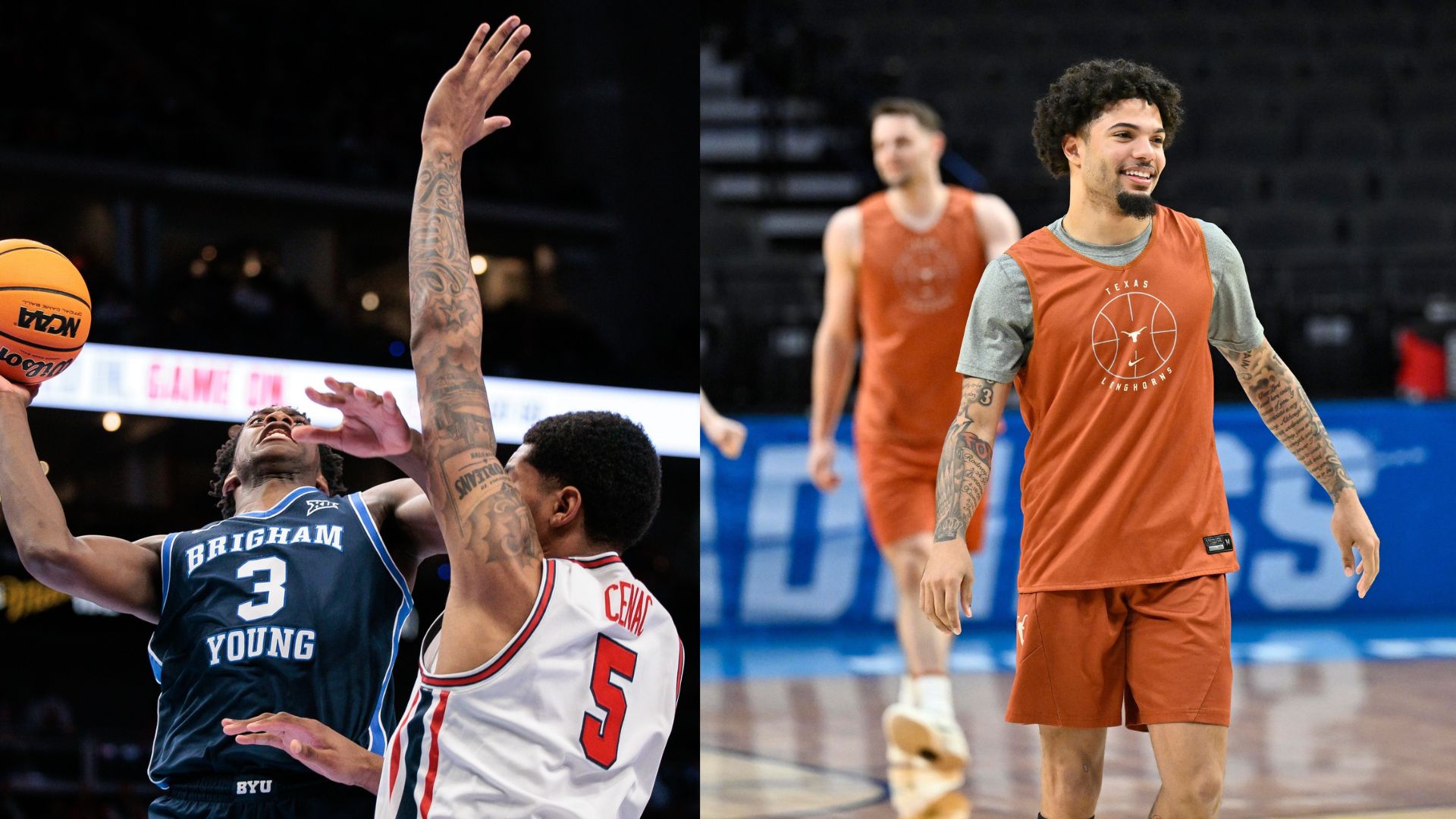 Image 1: AJ Dybantsa - BYU vs. Houston - Source: Imagn.

Image 2: Jordan Pope - Texas Longhorns practice in Portland - Source: Imagn.