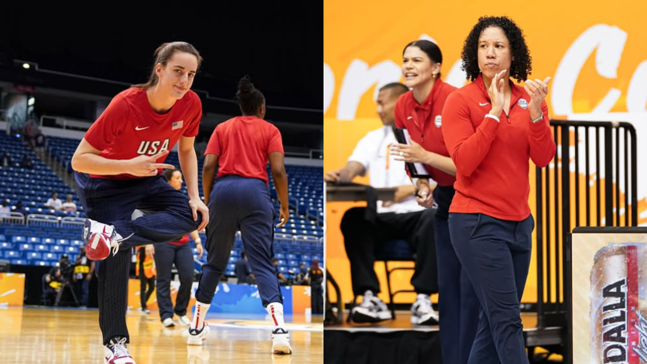 Team USA point guard Caitlin Clark (L) and coach Kara Lawson (R) ahead of Wednesday's game against Senegal. (Image via Instagram/@usabasketball)