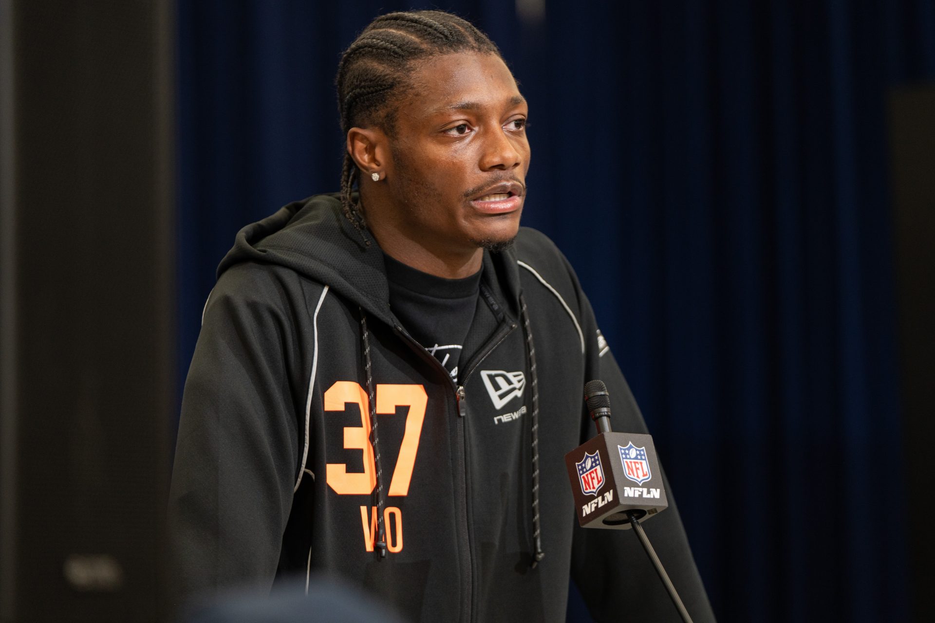 Ohio State wideout Carnell Tate speaks during the NFL Combine - Source: Imagn