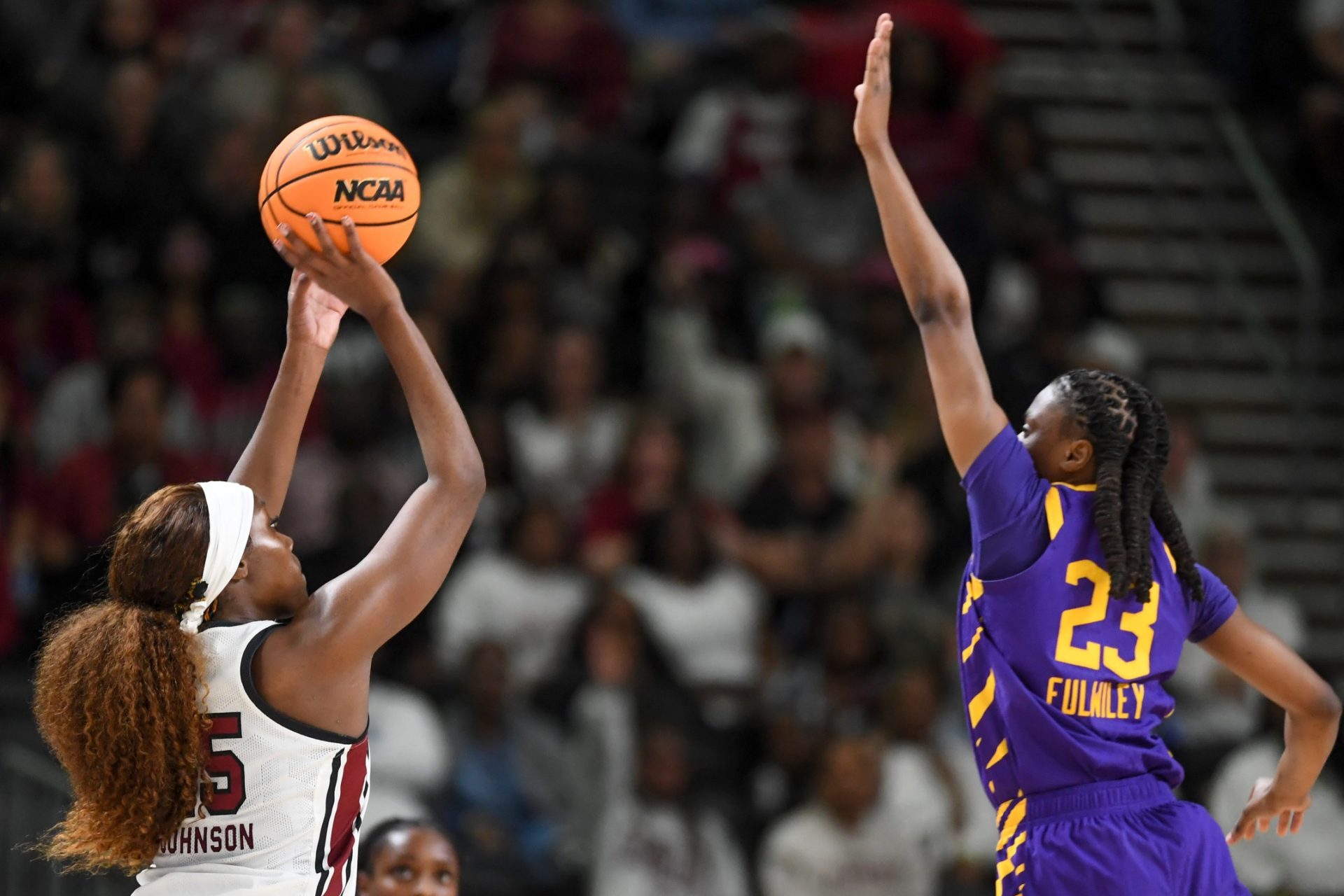 South Carolina Gamecocks guard Raven Johnson (25) shoots the ball past Louisiana State Tigers guard Milaysia Fulwiley -
Source: Imagn