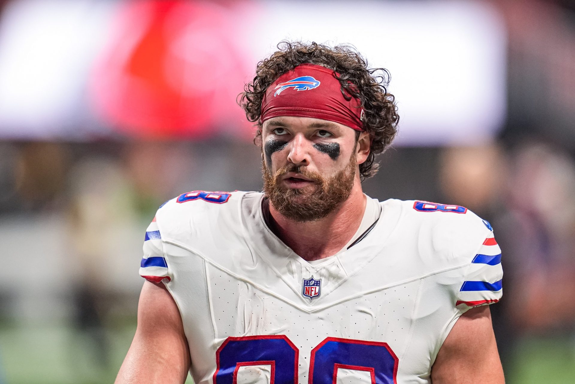 Buffalo Bills tight end Dawson Knox (88) on the field against the Atlanta Falcons at Mercedes-Benz Stadium.