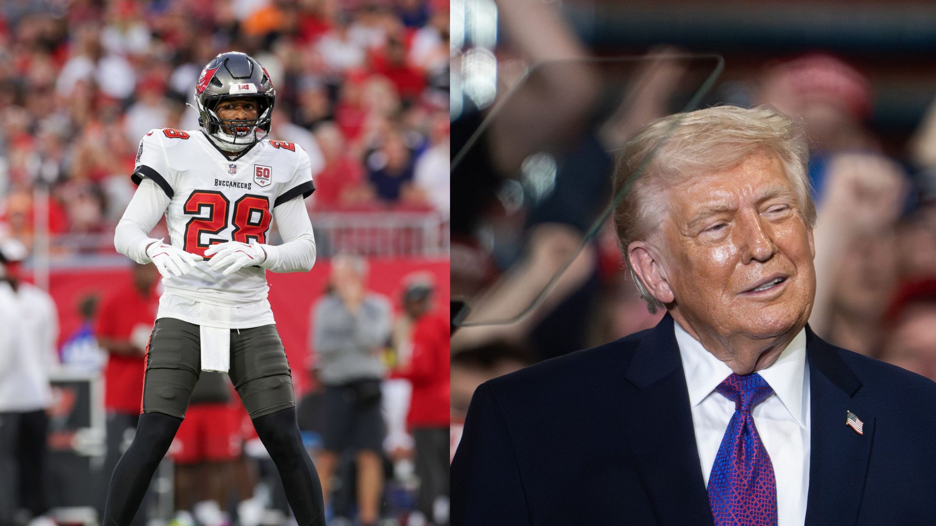 Image 1: Shilo Sanders - Tampa Bay Buccaneers vs. Buffalo Bills - Source: Imagn.
Image 2: President Donald Trump - Hebron, Kentucky - Source: Imagn.