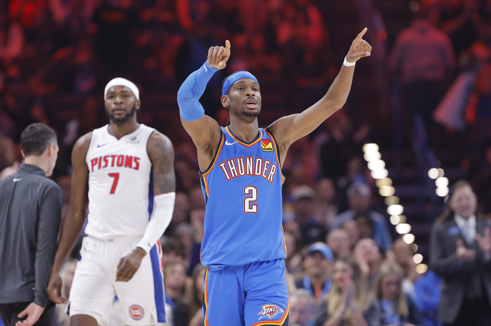 Oklahoma City Thunder guard Shai Gilgeous-Alexander (2) gestures after scoring against the Detroit Pistons during the first quarter at Paycom Center.