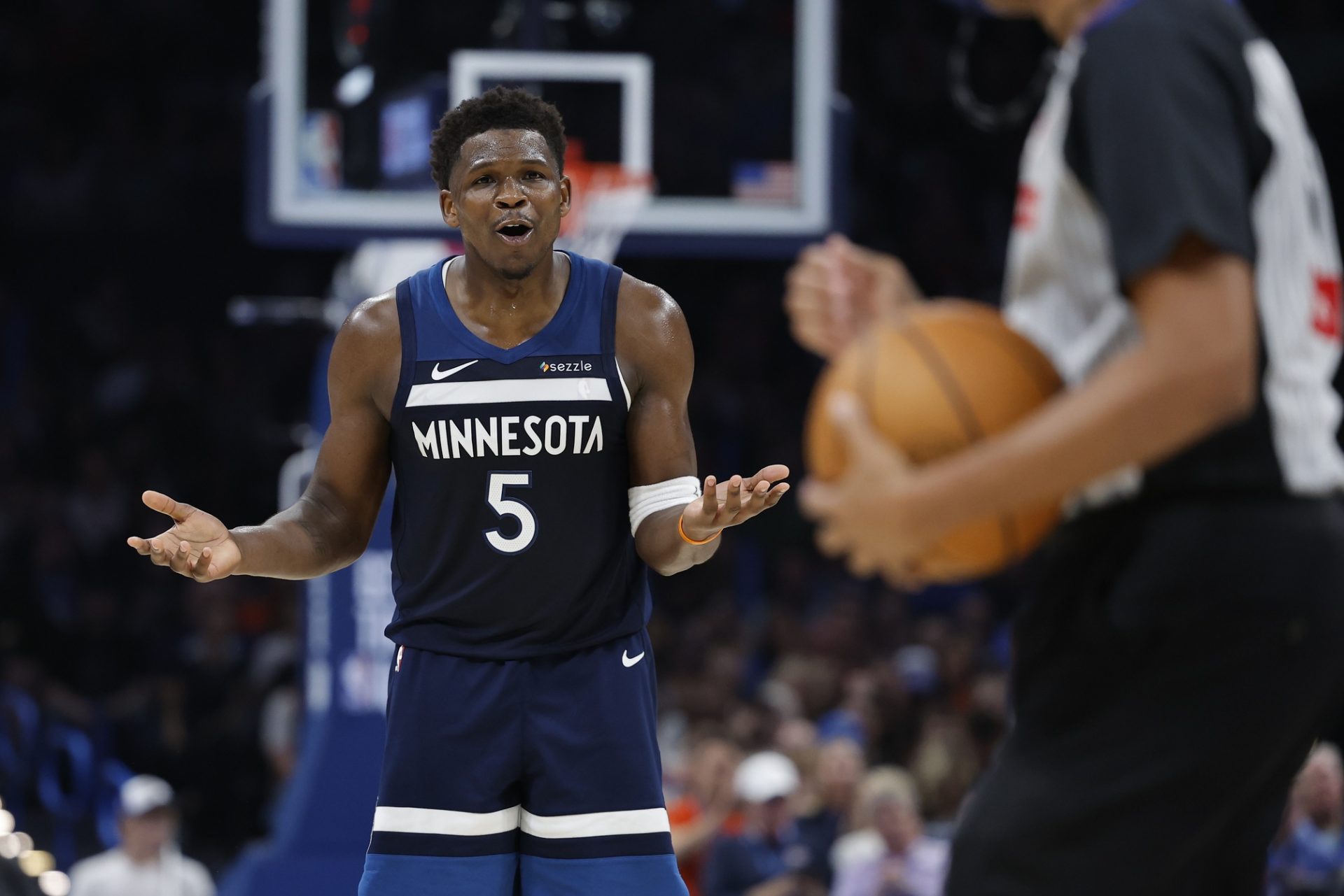 Minnesota Timberwolves guard Anthony Edwards (5) reacts after a call against him by an official during the second half against the Oklahoma City Thunder at Paycom Center - Source: Imagn Images