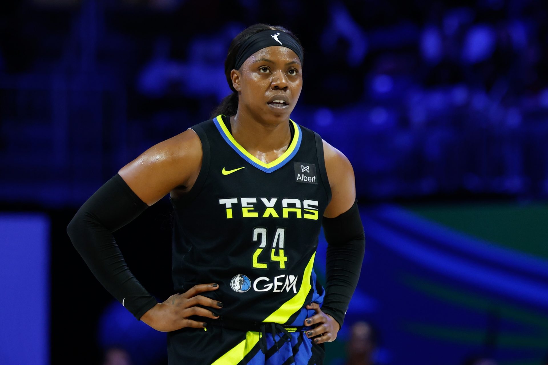 Dallas Wings guard Arike Ogunbowale (24) reacts against the Washington Mystics during the second half at College Park Center - Source: Imagn Images
