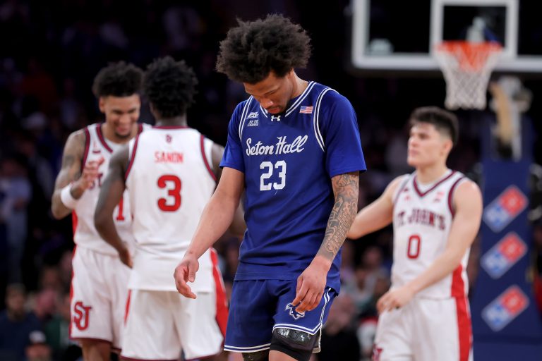Seton Hall Pirates guard Mike Williams (23) reacts during the second half against the St. John's Red Storm at Madison Square Garden. Source: Brad Penner-Imagn Images