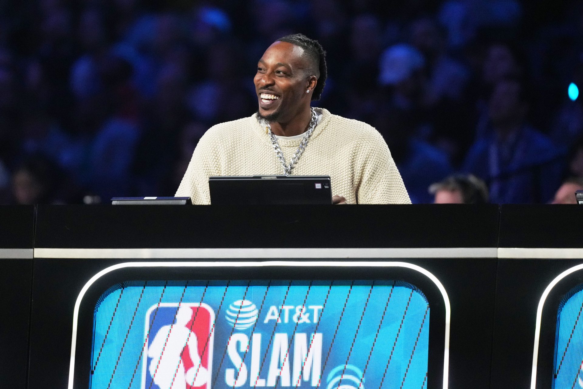 Former NBA player and slam dunk contest judge Dwight Howard looks on during the 2026 NBA All Star Saturday Night at Intuit Dome. - Source: Imagn