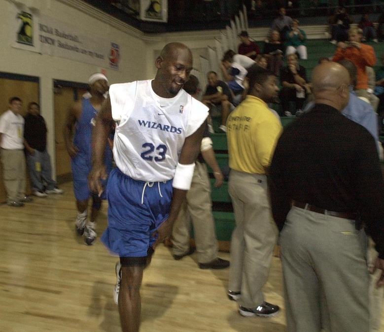 Michael Jordan enters Trask Coliseum before the Washington Wizards scrimmage in 2001. - Source: USA Today Network