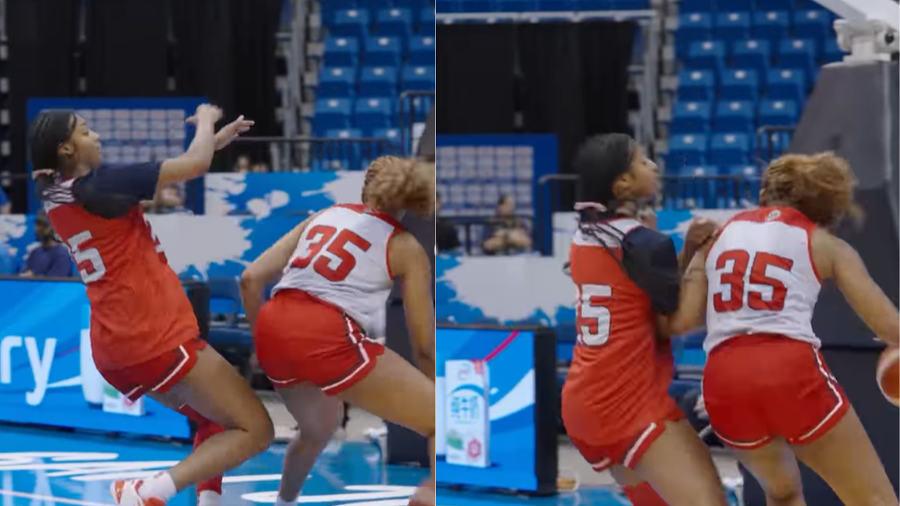 Team USA players Angel Reese (25) and Kiki Iriafen (35) during an intense practice. (Image via Instagram/@usabasketball)