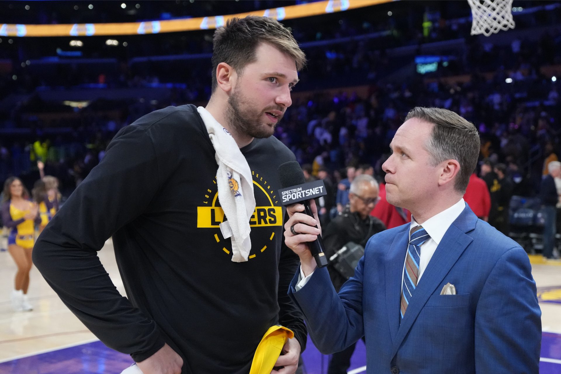Los Angeles Lakers guard Luka Doncic talks to a reporter on Tuesday. - Source: Imagn