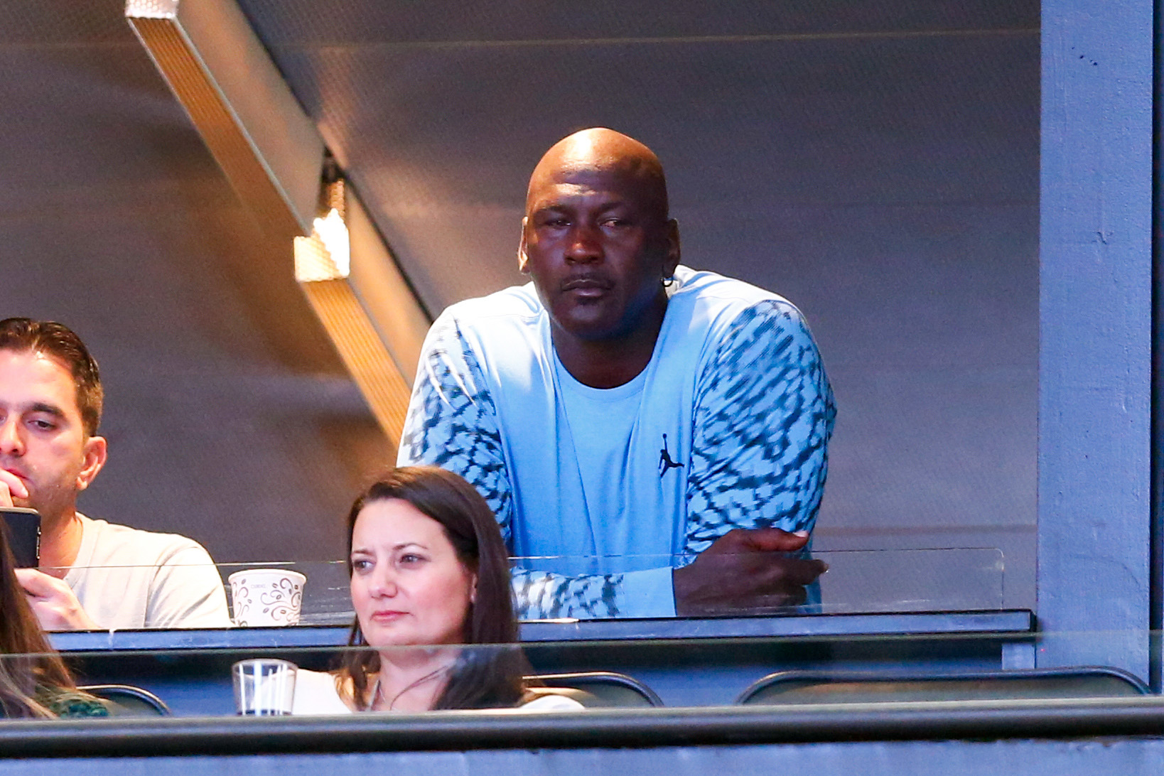 North Carolina Tar Heels former player Michael Jordan watches the game against the Davidson Wildcats from a suite at the Spectrum Center. Source: Jeremy Brevard-USA TODAY Sports