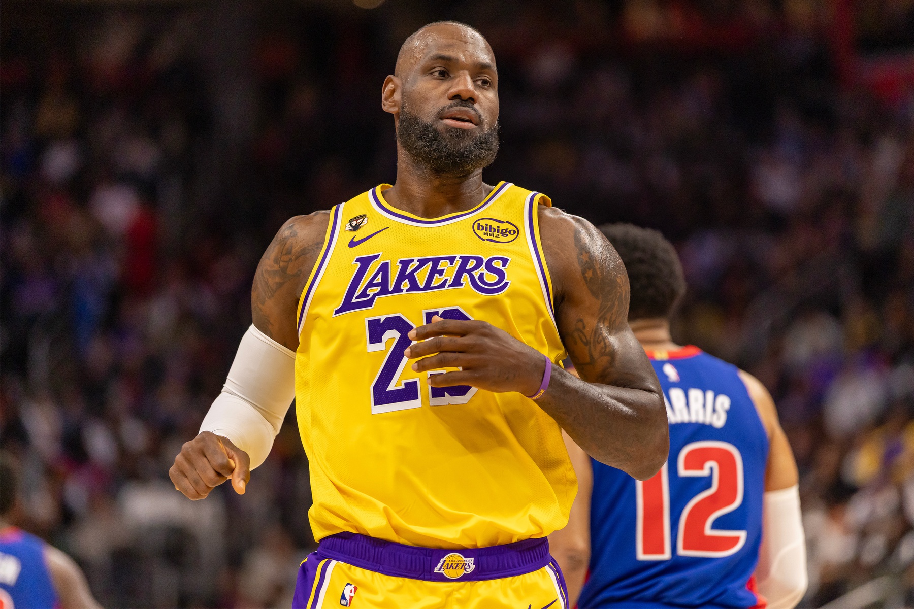 Los Angeles Lakers LeBron James (23) runs up court against the Detroit Pistons during the first quarter at Little Caesars Arena. - Source: Imagn