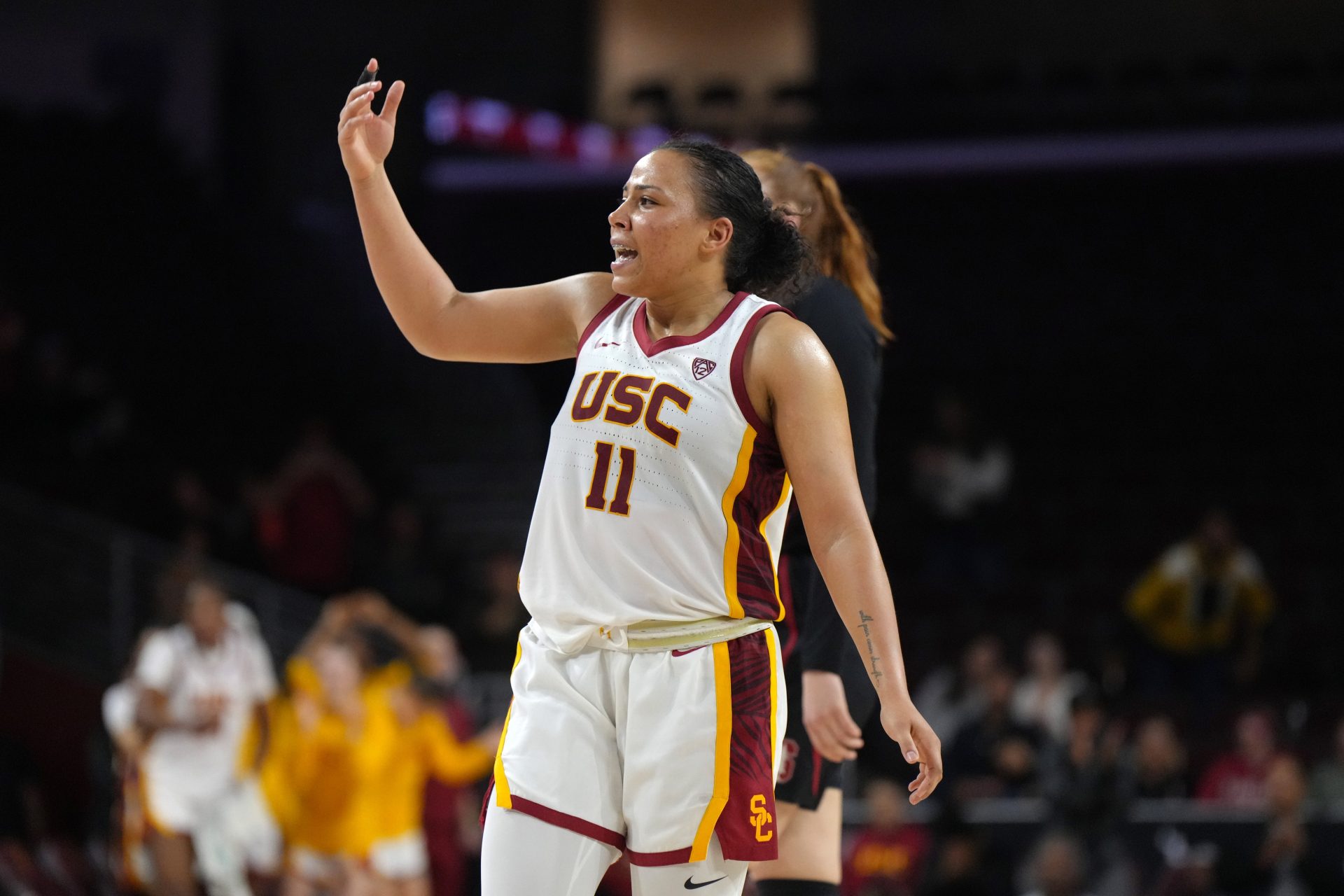 Southern California Trojans guard Destiny Littleton (11) celebrates in the second half against the Stanford Cardinal at Galen Center.  USC defeated Stanford 55-46 - Source: USA TODAY Sports