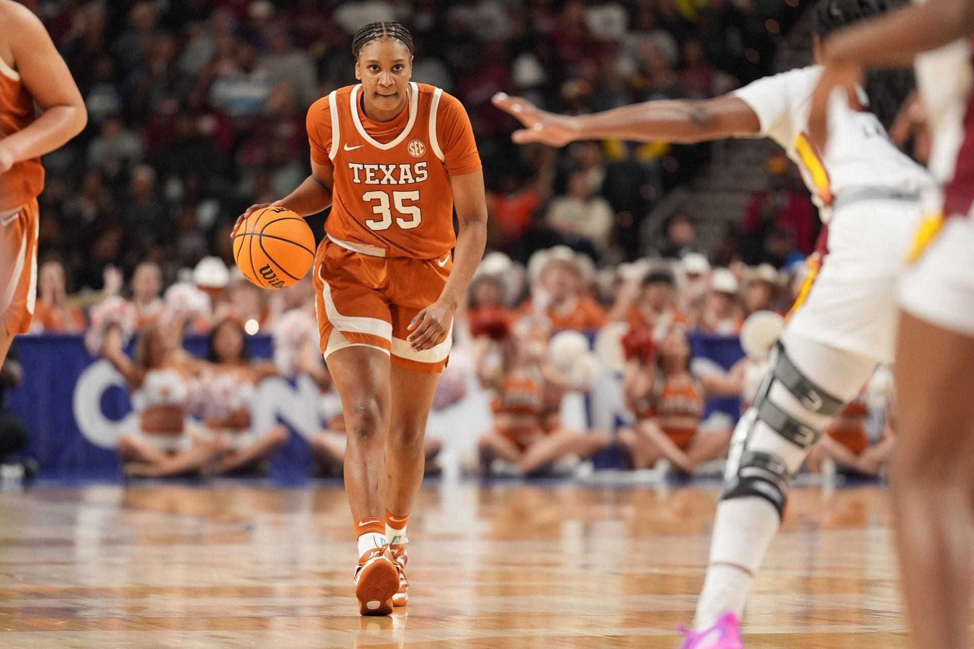 Texas Longhorns forward Madison Booker (35) brings the ball up court against the South Carolina Gamecocks during the first half at Bon Secours Wellness Arena.