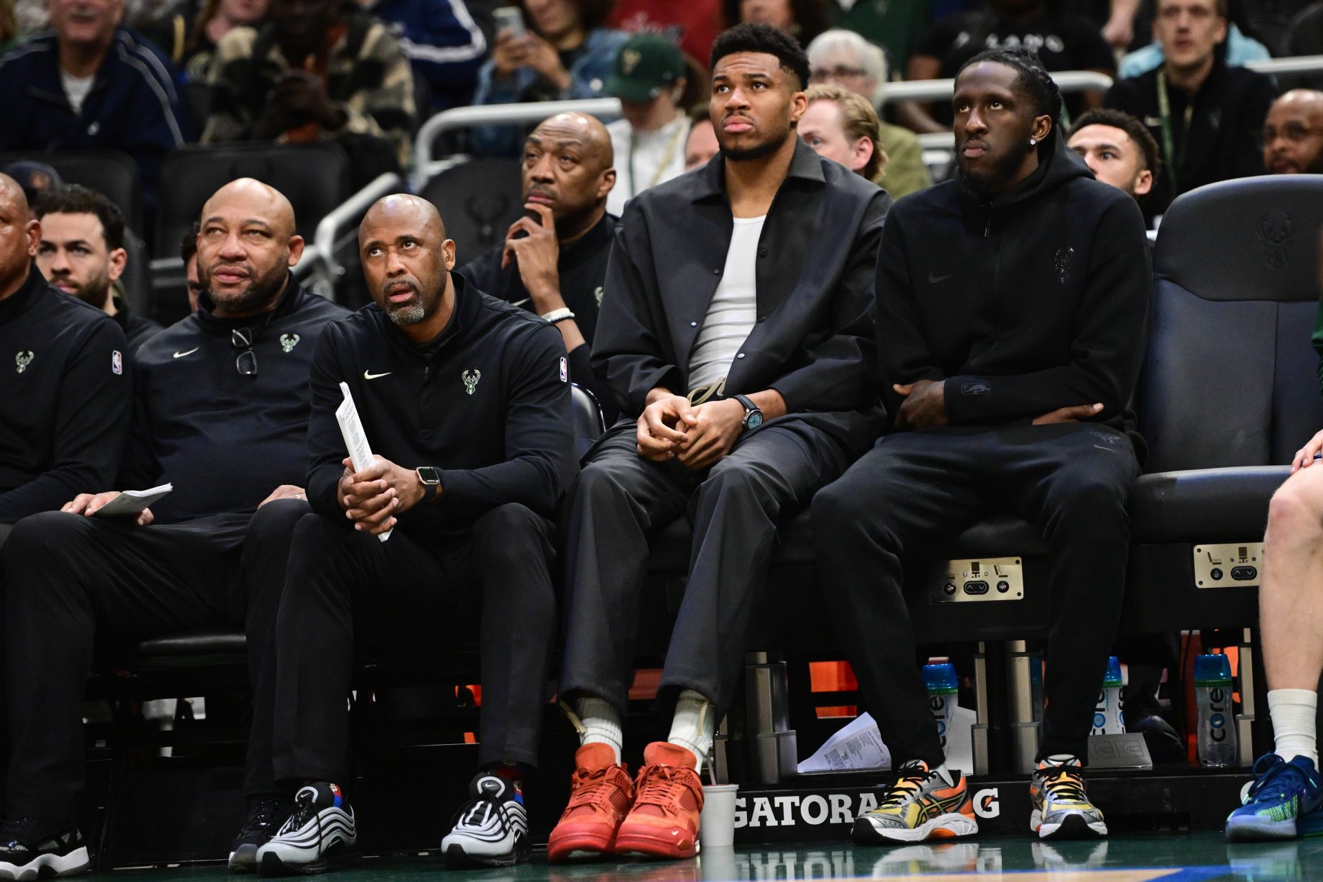 Milwaukee Bucks forward Giannis Antetokounmpo (34) sits on the bench while not playing against the Orlando Magic at Fiserv Forum - Source: Imagn Images