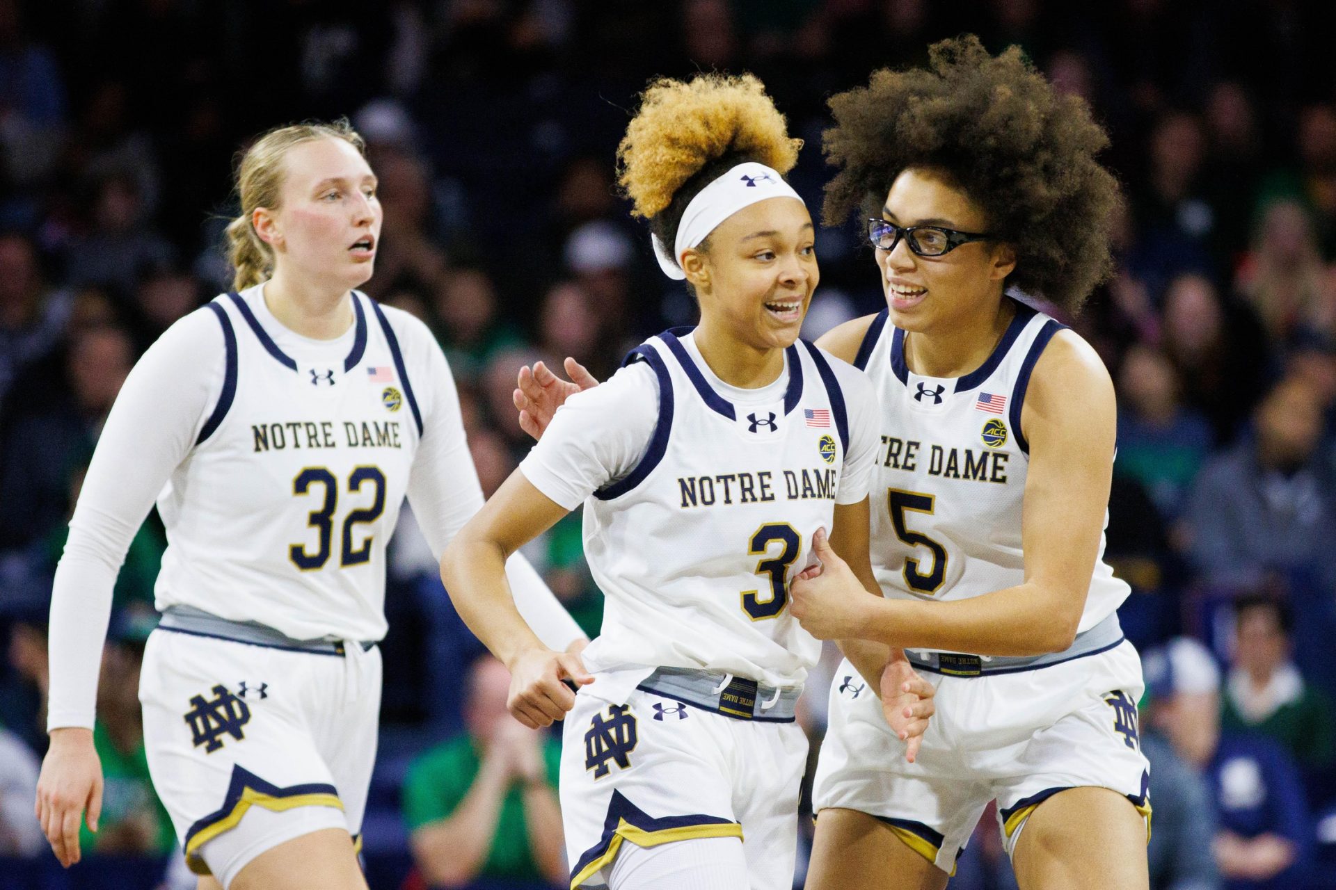 Notre Dame guard Hannah Hidalgo (3) and guard Olivia Miles (5) celebrate during a NCAA women's basketball game between Notre Dame and SMU at Purcell Pavilion - Source: Imagn