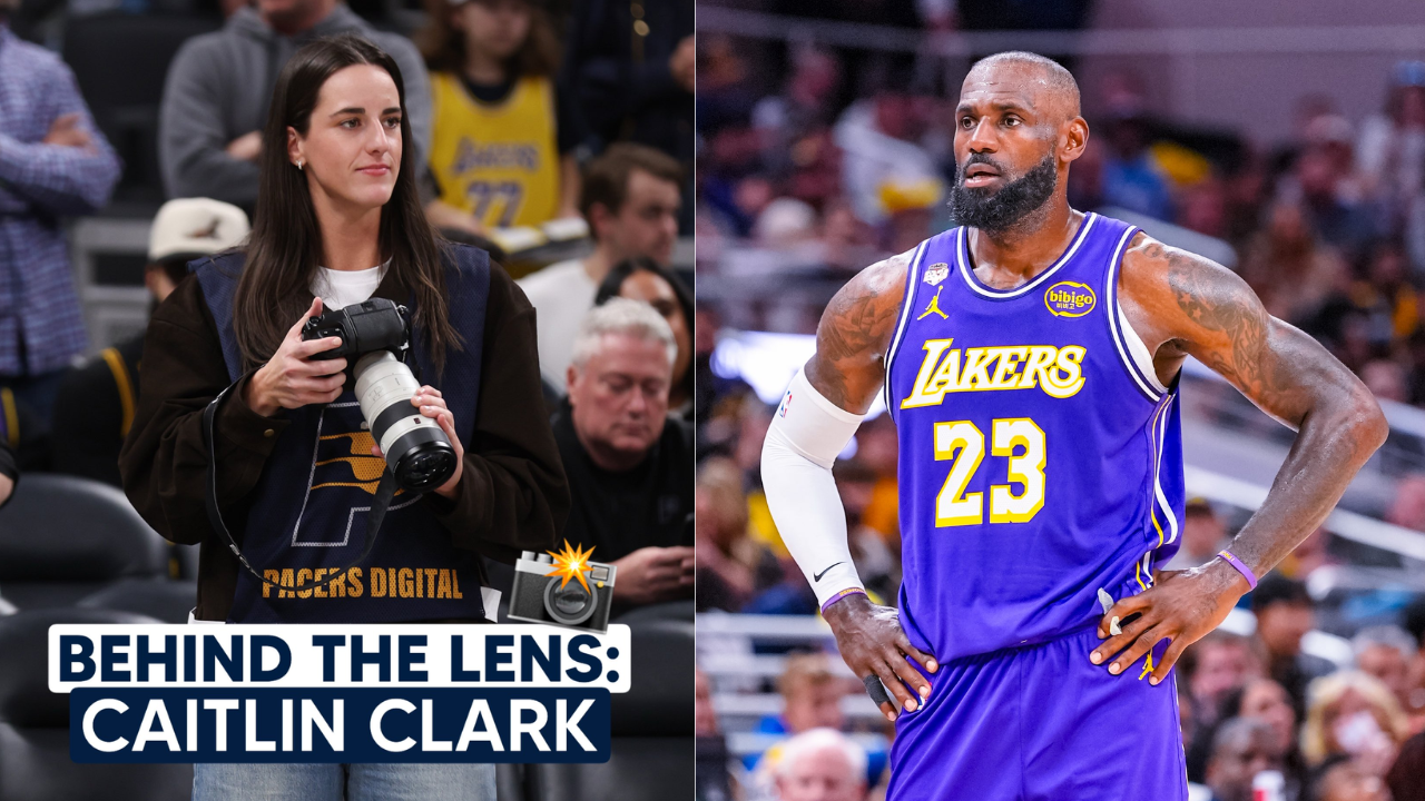 Caitlin Clark (L) took photos of her idol LeBron James (R) during Lakers-Pacers game on Wednesday. (Image via X/@Pacers, @CaitlinClark22)