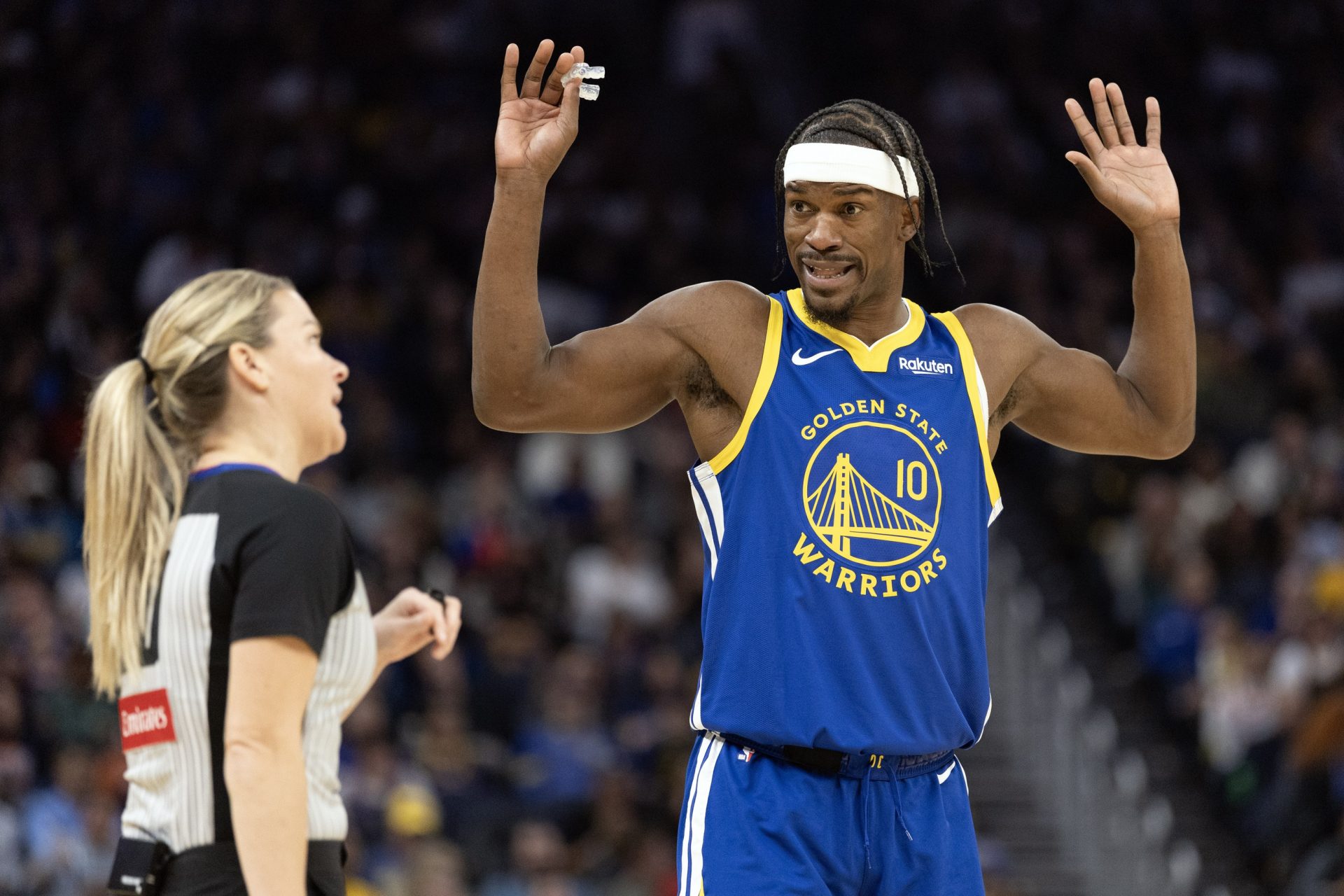 Golden State Warriors forward Jimmy Butler III (10) speaks with referee Jenna Schroeder after a foul call during the third quarter against the New York Knicks at Chase Center - Source: Imagn Images
