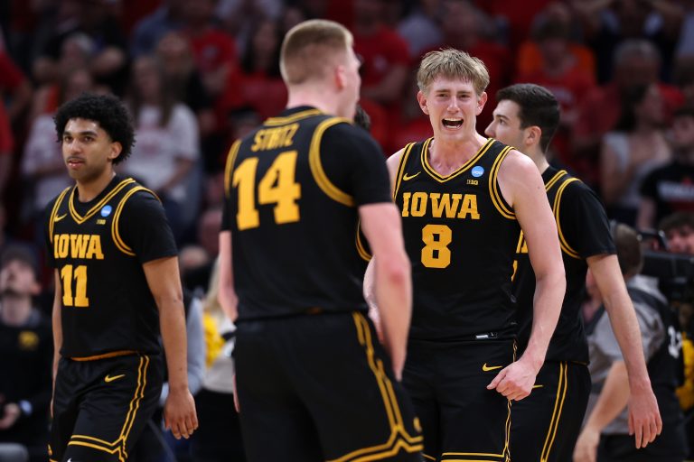 Iowa Hawkeyes forward Cooper Koch (8) reacts in the second half during a Sweet Sixteen game of the South Regional of the men's 2026 NCAA Tournament at Toyota Center - Source: Imagn
